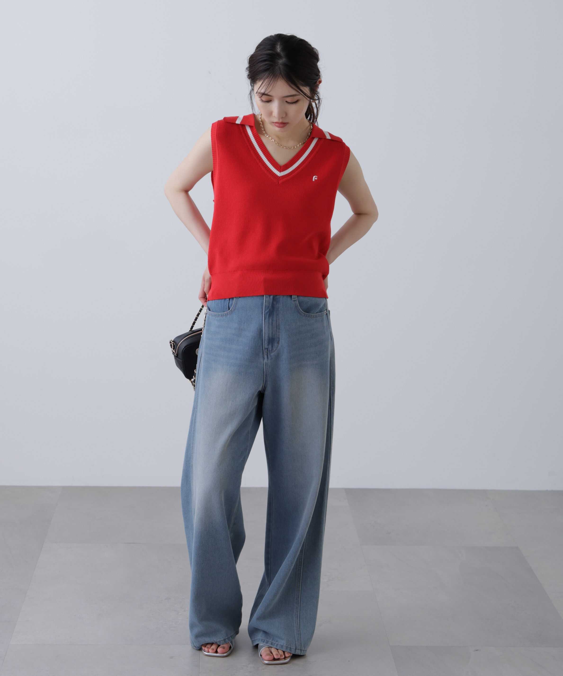  「Vネックポロノースリーブニット」|ニット・セーター|