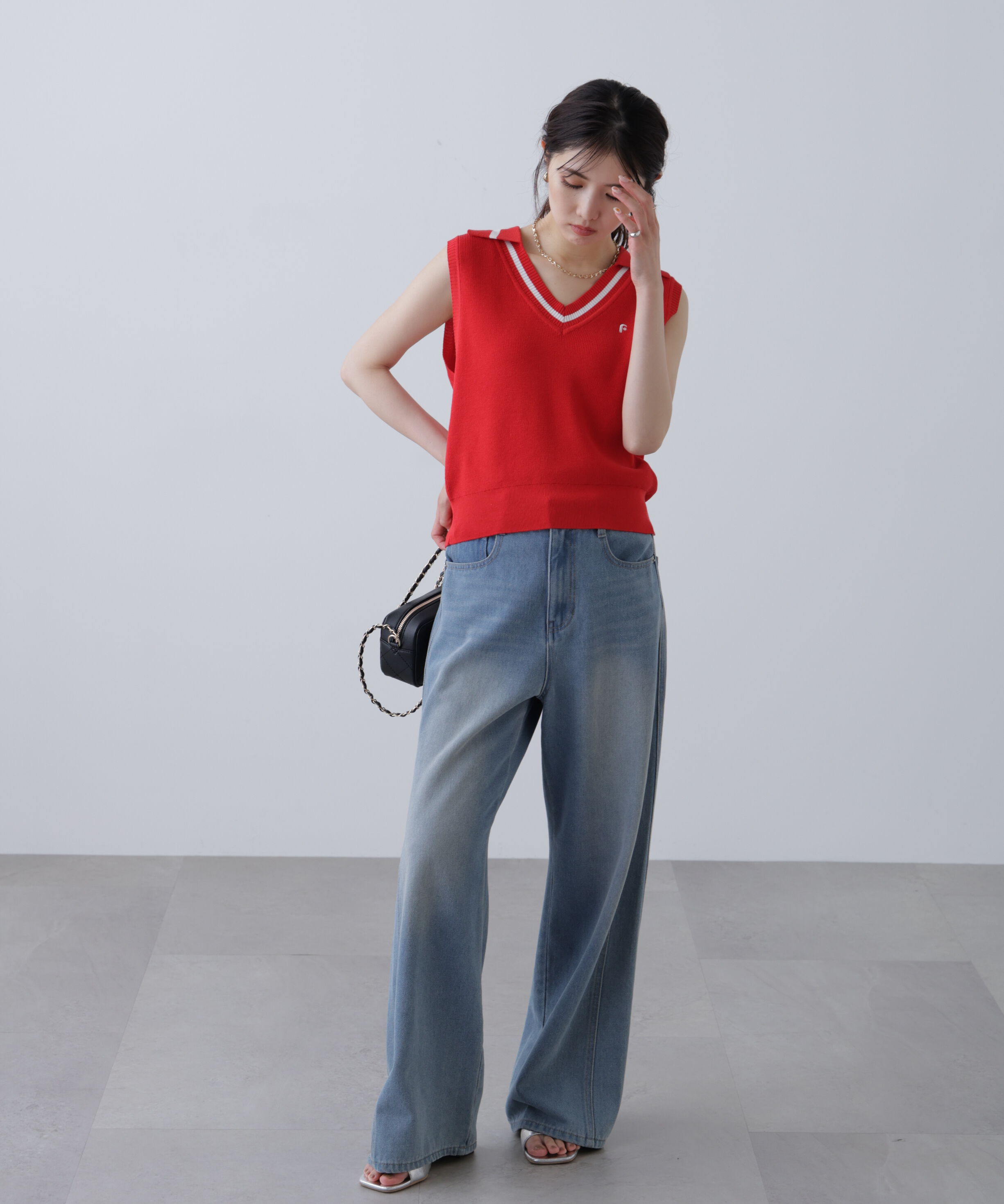  「Vネックポロノースリーブニット」|ニット・セーター|