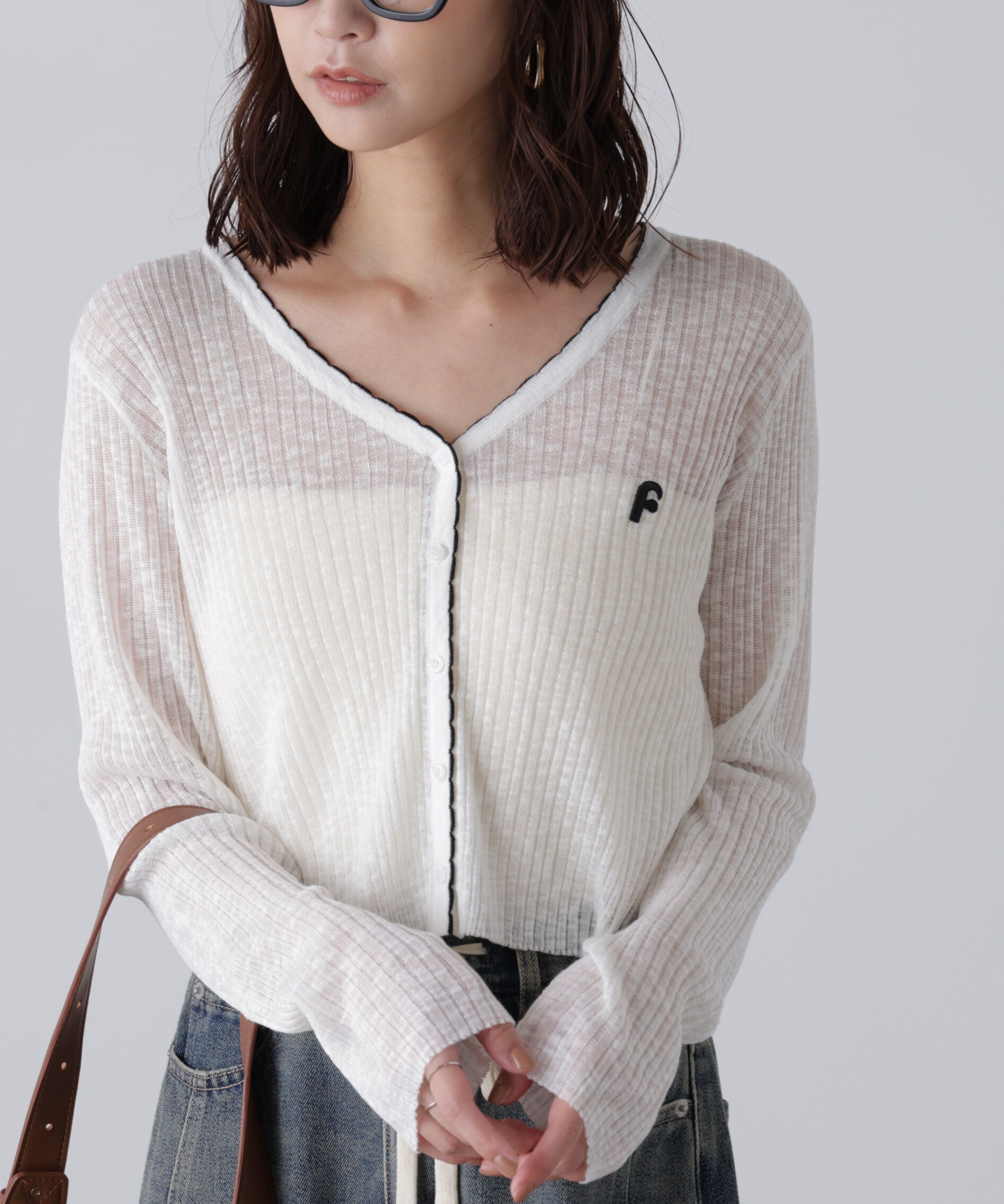  「配色ラインスカラップシアーリブカーディガン」|ニット・セーター|オフ