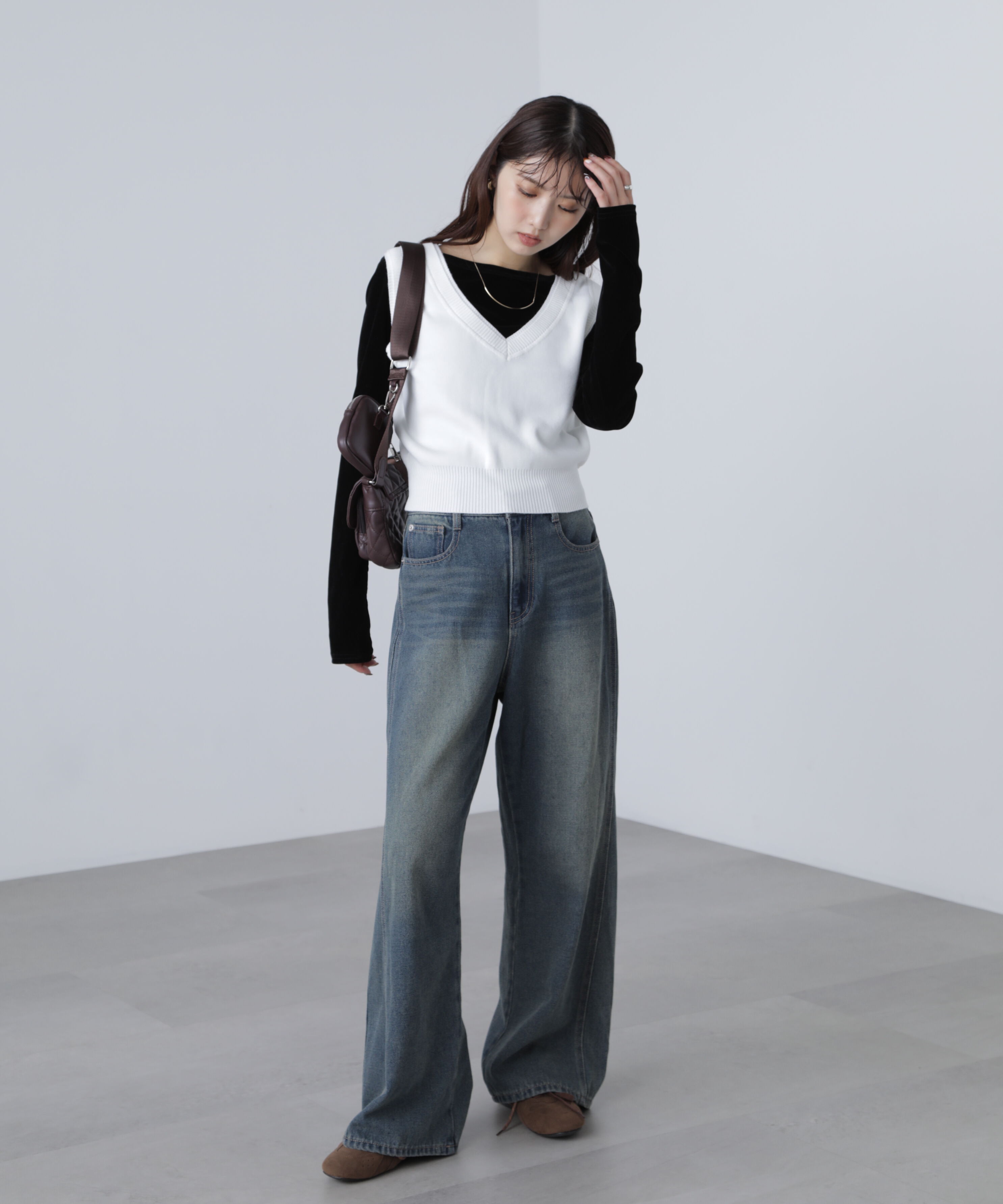  「レイヤードネック前後2WAYニットベスト」|ニット・セーター|