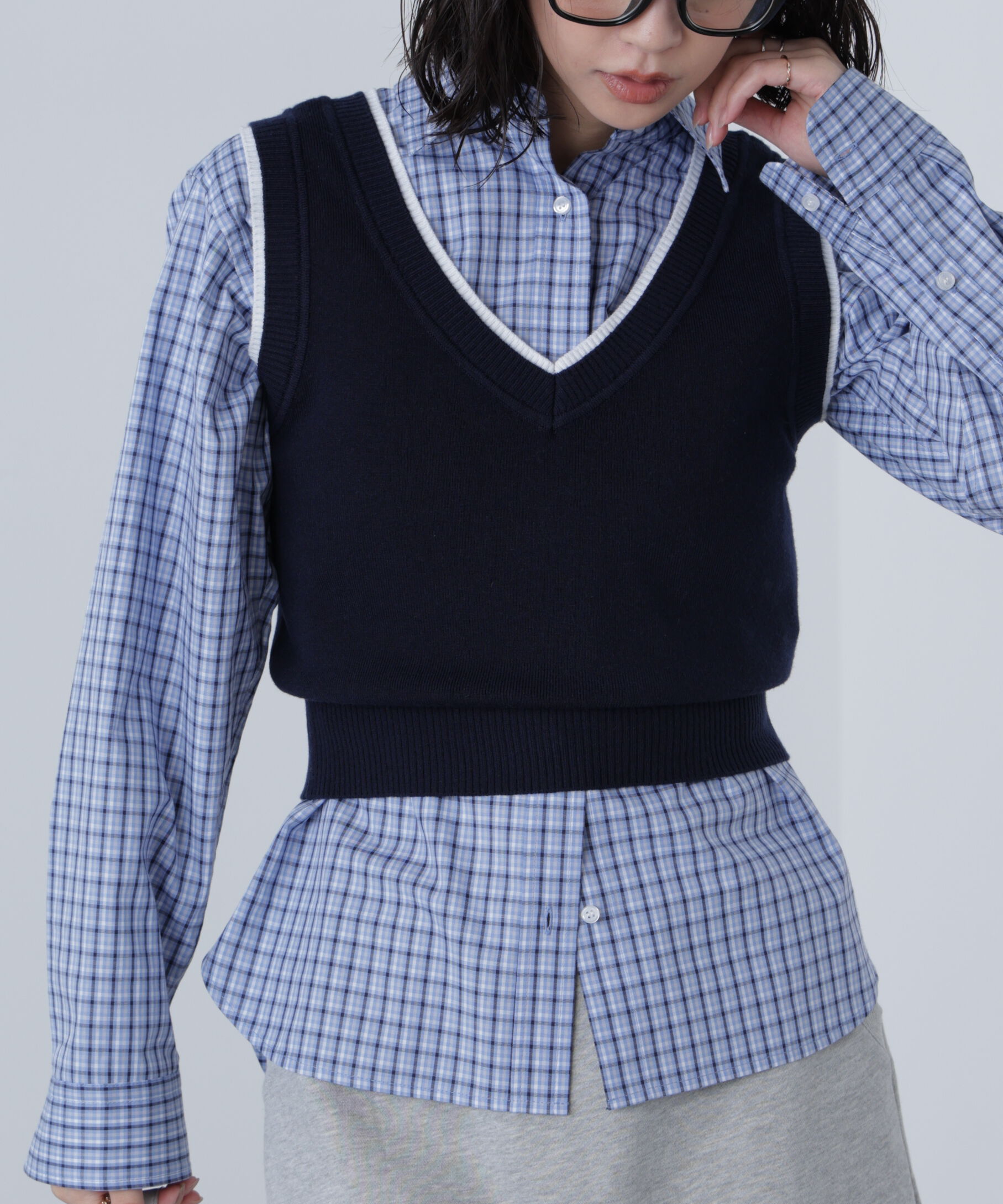  「レイヤードネック前後2WAYニットベスト」|ニット・セーター|