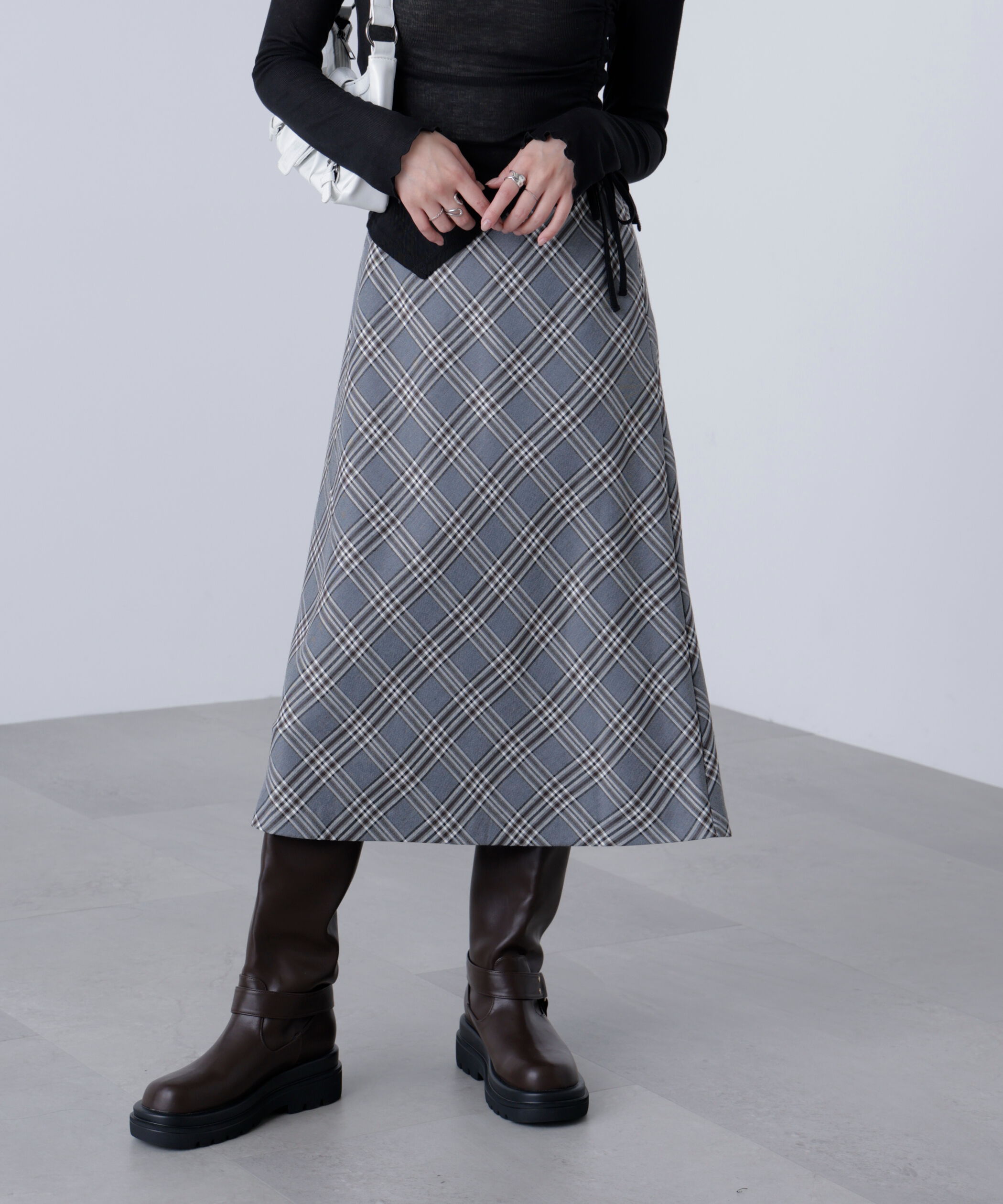  「バイアスミディチェックスカート」|スカート|グレーチェッ 1