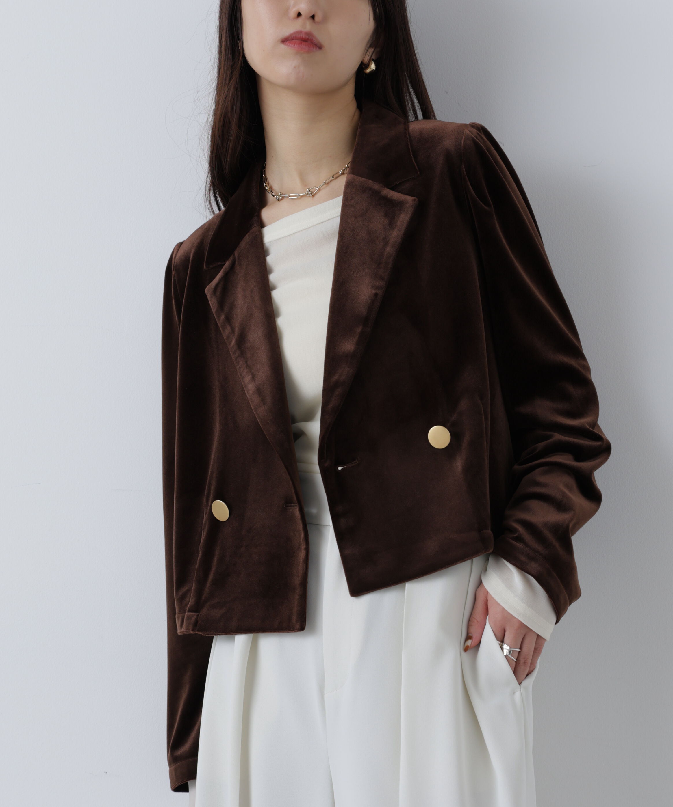  「金ボタンベロアクロップドジャケット」|その他|ブラウン