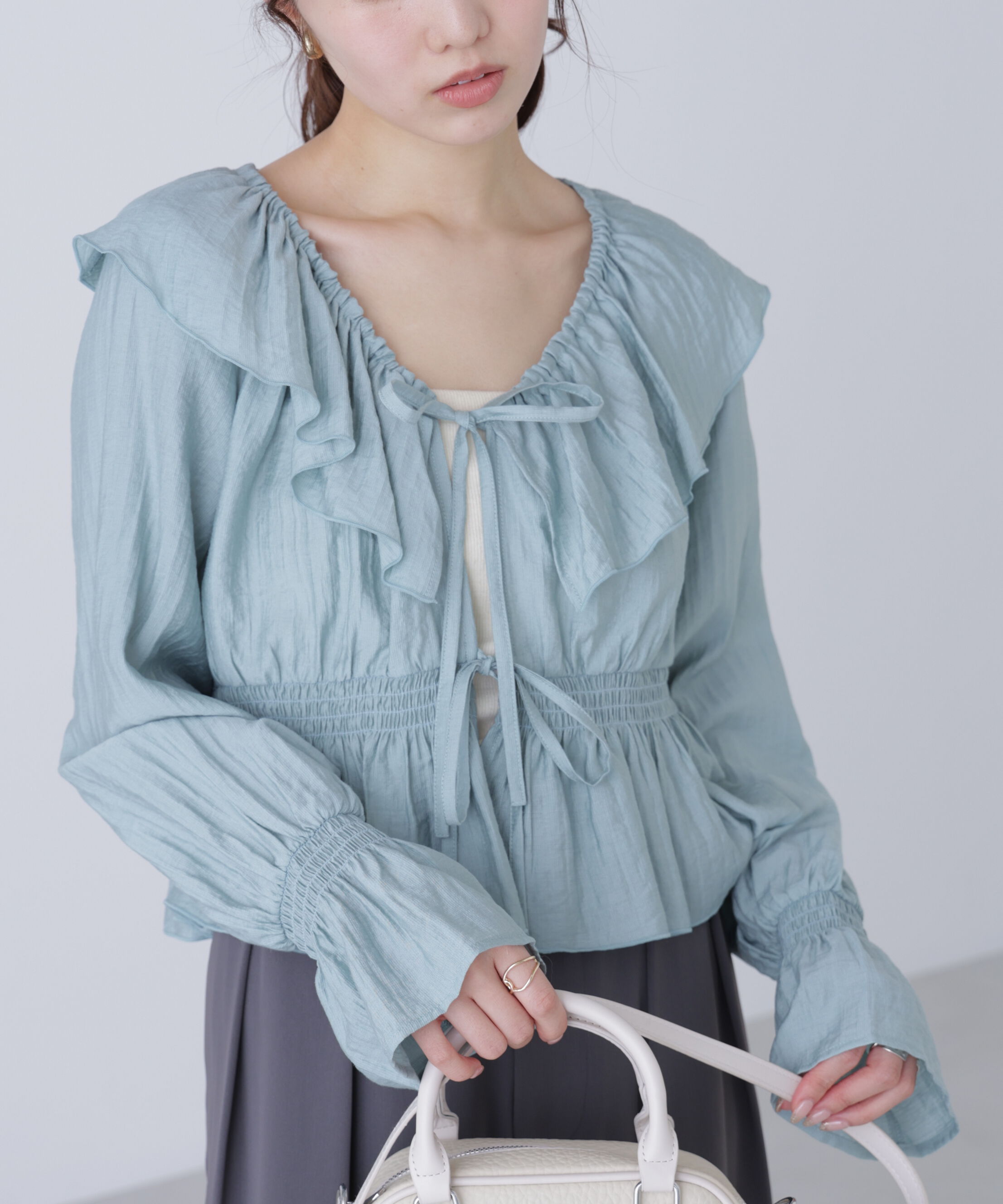  「衿フリルペプラム前開きブラウス」|シャツ・ブラウス|
