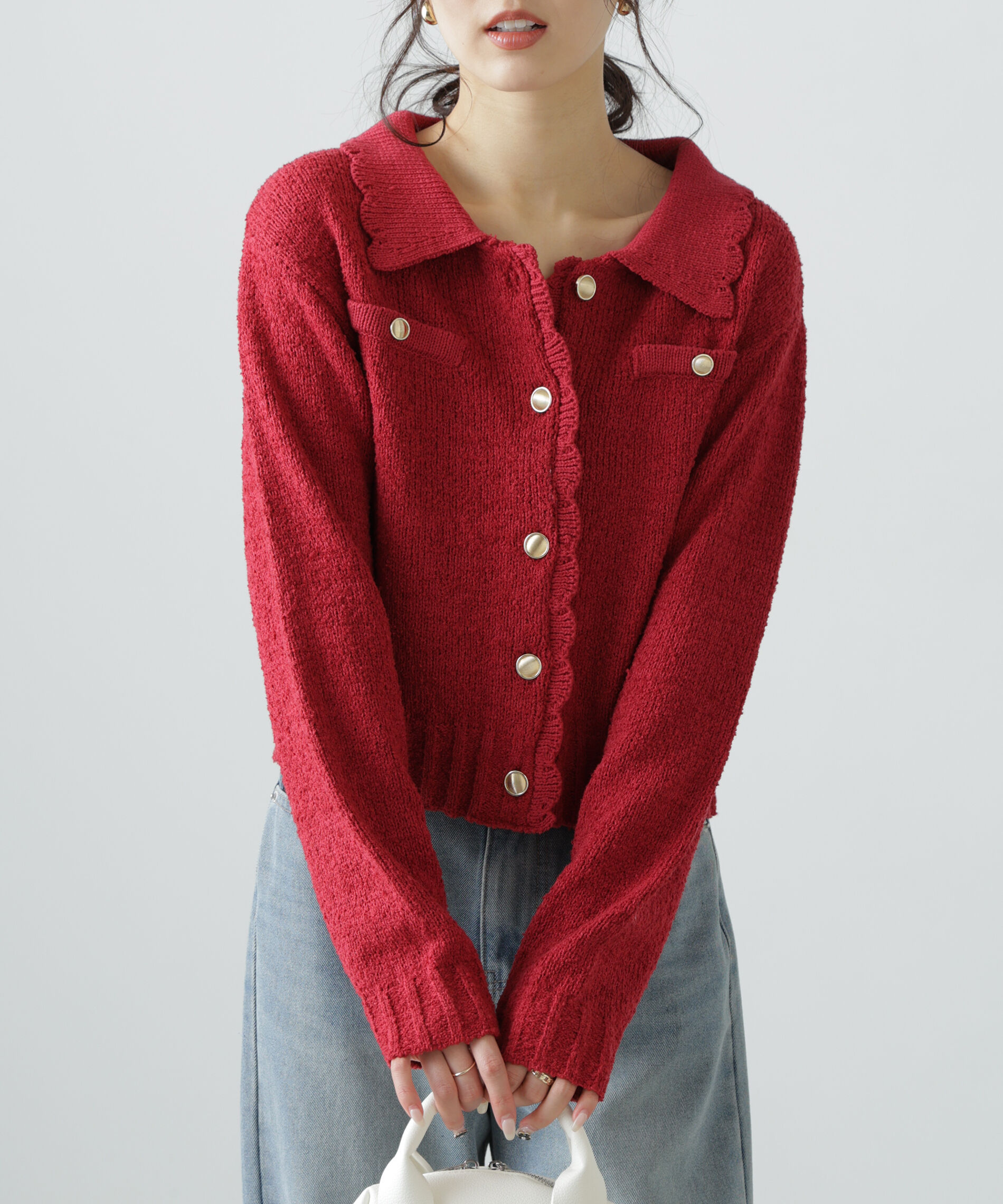 「ミニブークレツイードライクニットカーディガン」|ニット・セーター|レッド