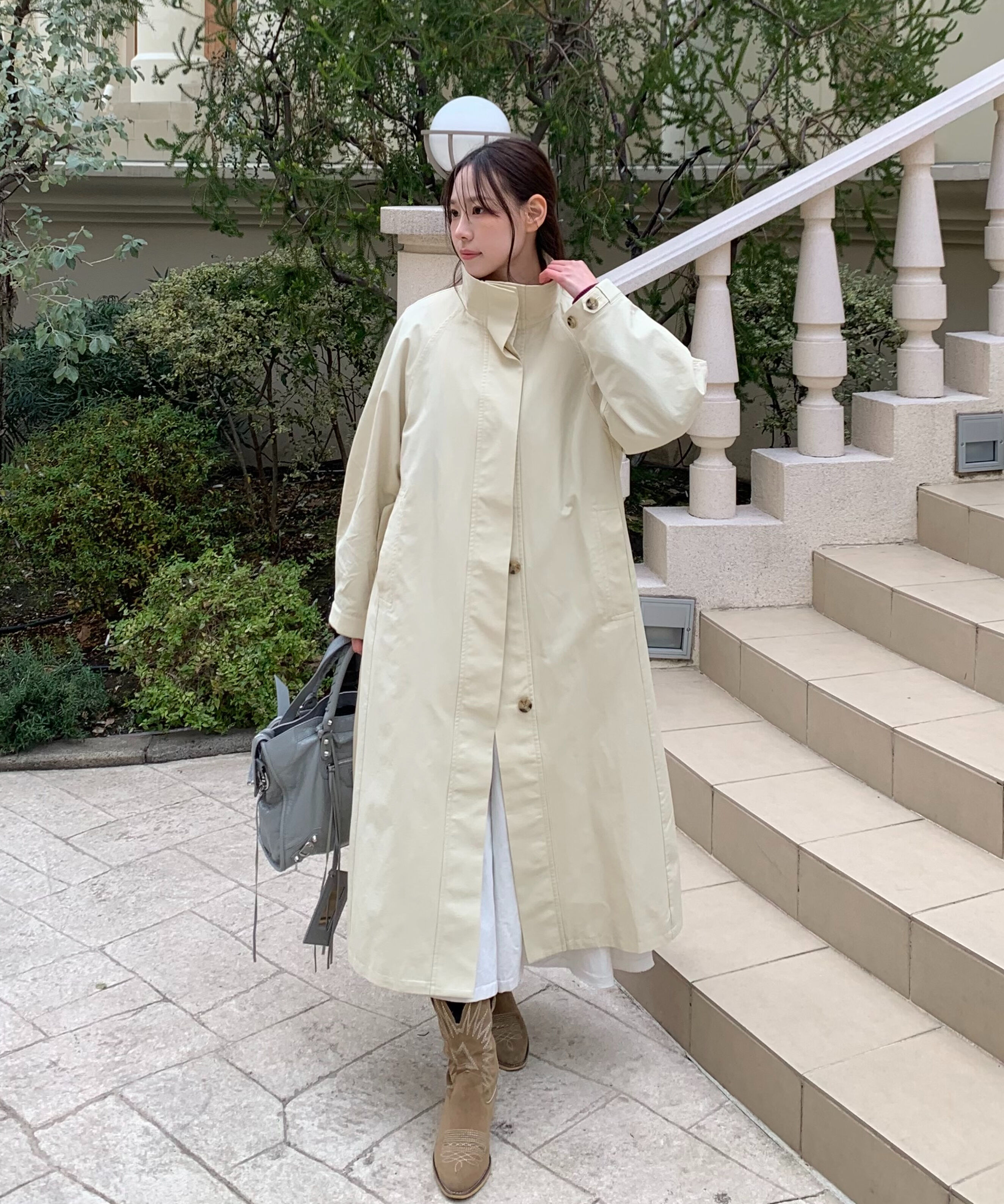  「スタンドカラーロングトレンチコート」|その他|オフ