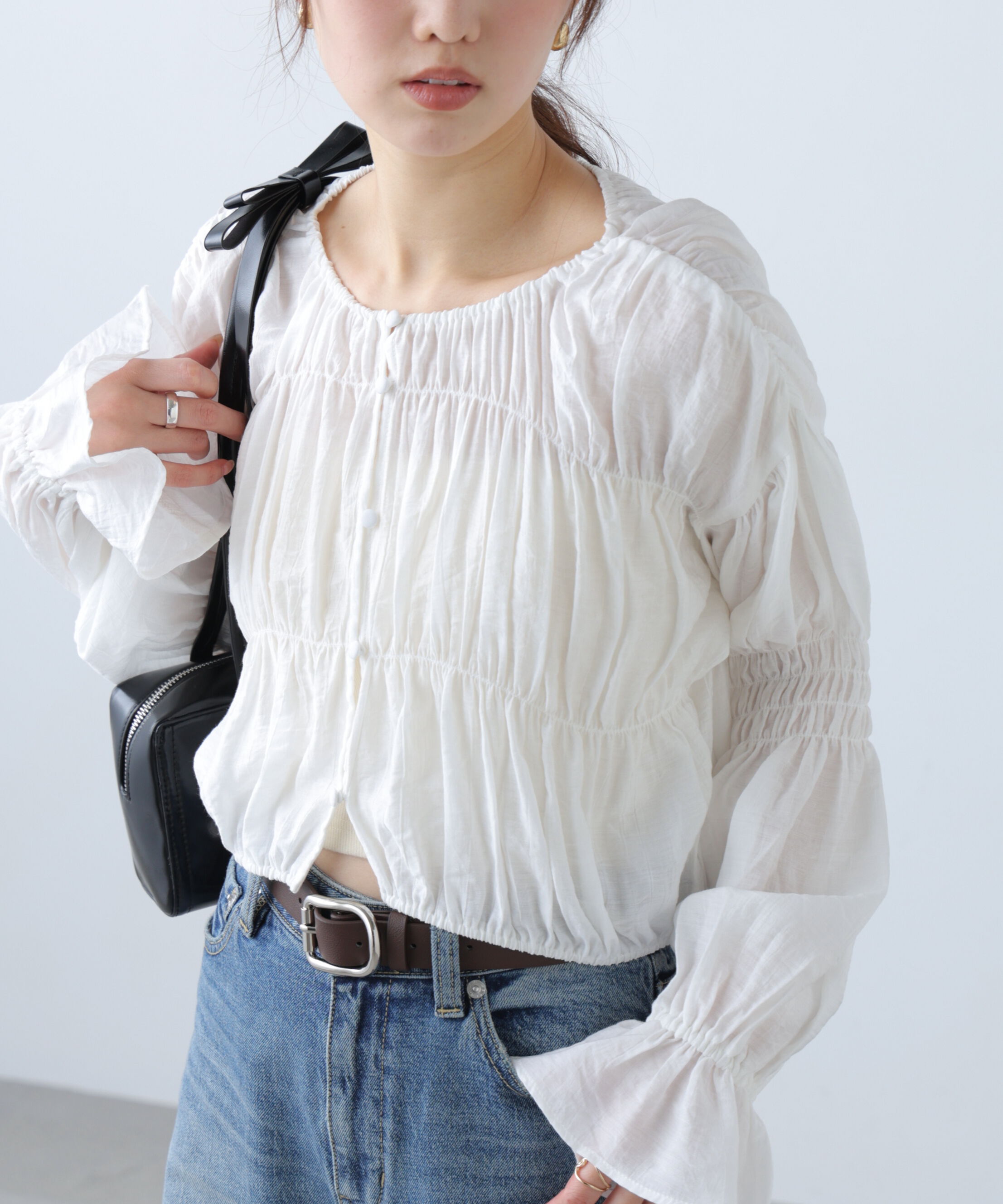  「シアーギャザー前開き短丈ブラウス」|シャツ・ブラウス|オフ