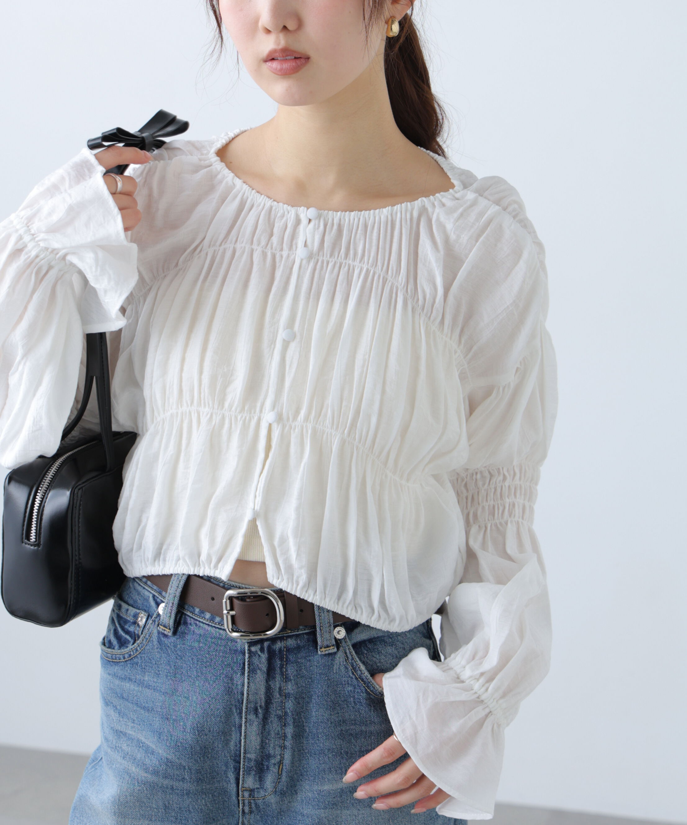  「シアーギャザー前開き短丈ブラウス」|シャツ・ブラウス|