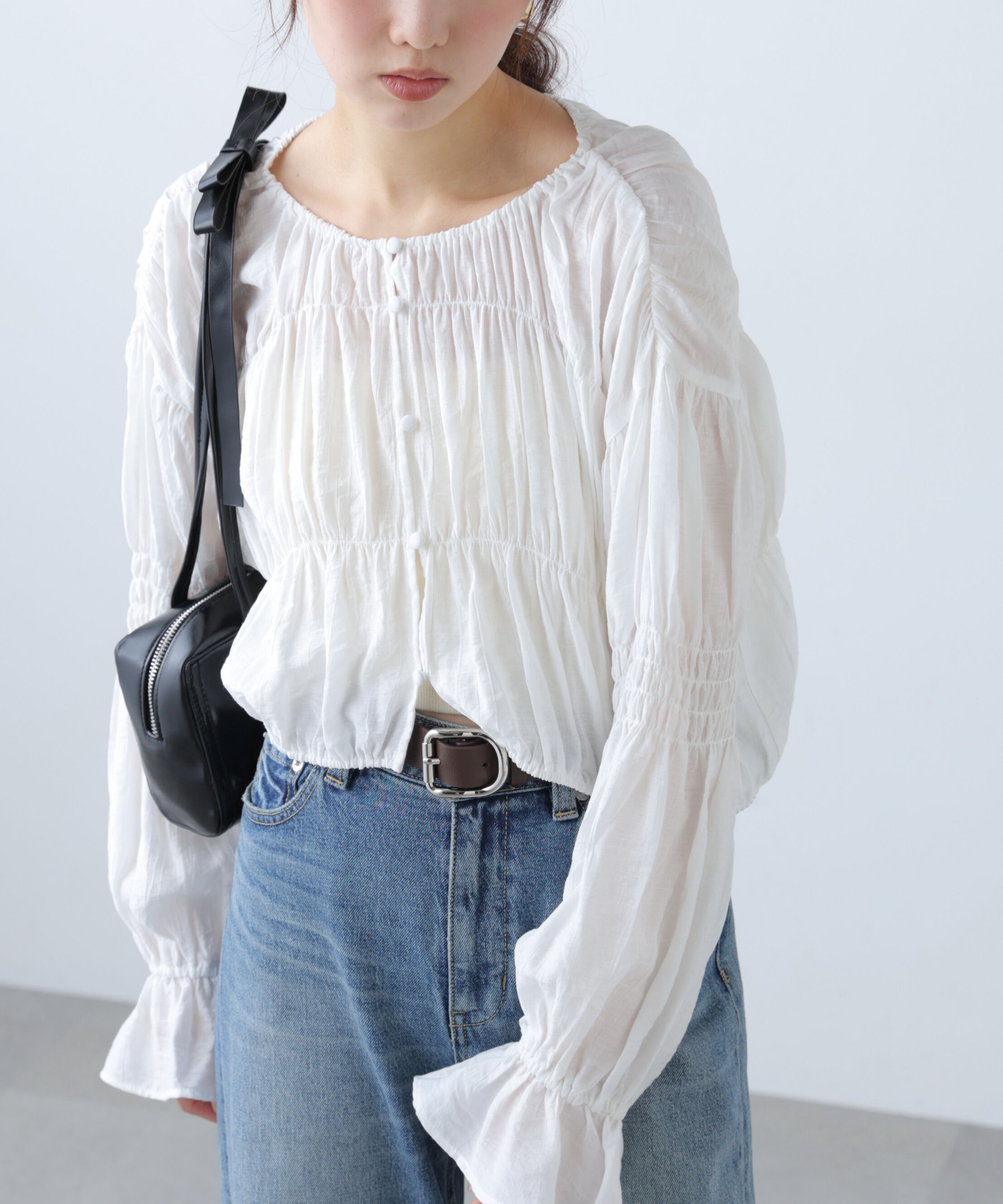  「シアーギャザー前開き短丈ブラウス」|シャツ・ブラウス|