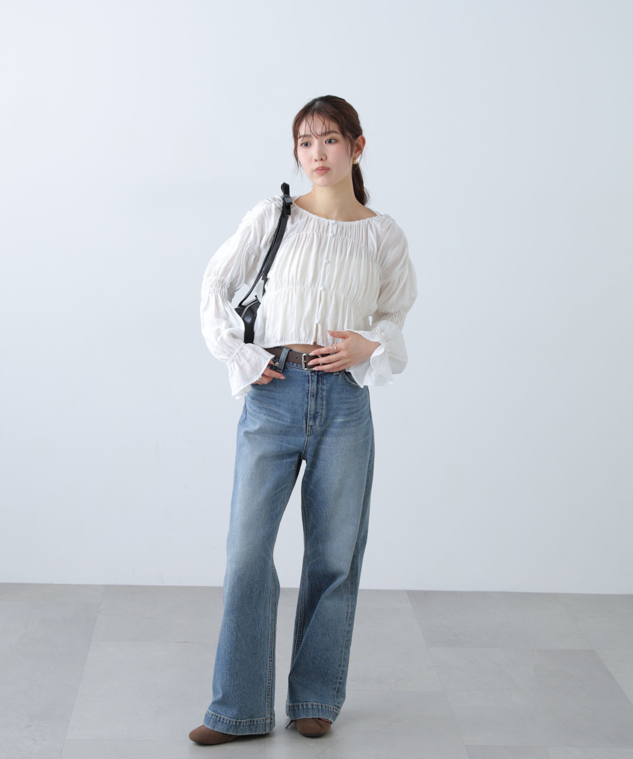  「シアーギャザー前開き短丈ブラウス」|シャツ・ブラウス|