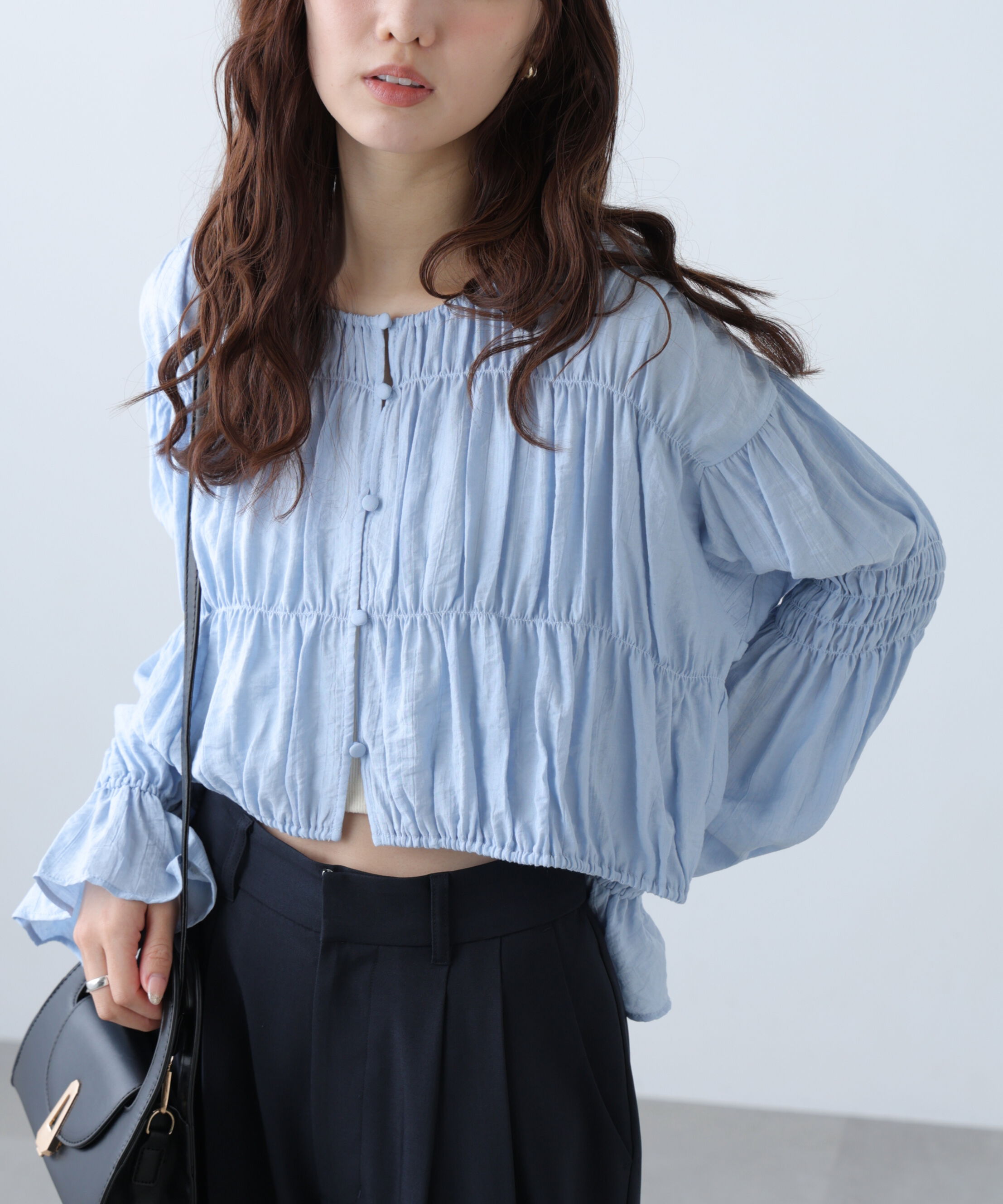  「シアーギャザー前開き短丈ブラウス」|シャツ・ブラウス|