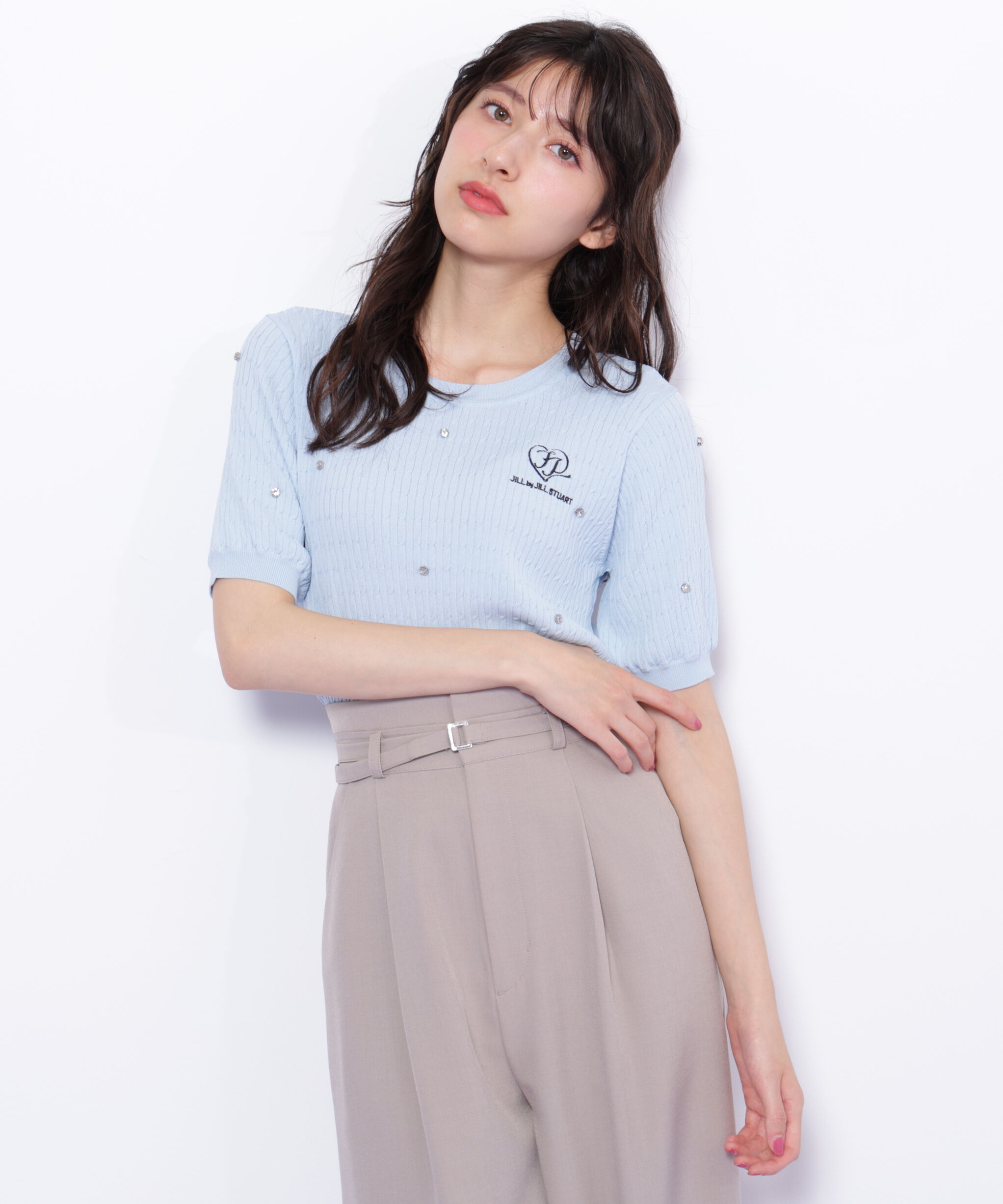  「ミニケーブルハート刺繍ニット」|ニット・セーター|ブルー