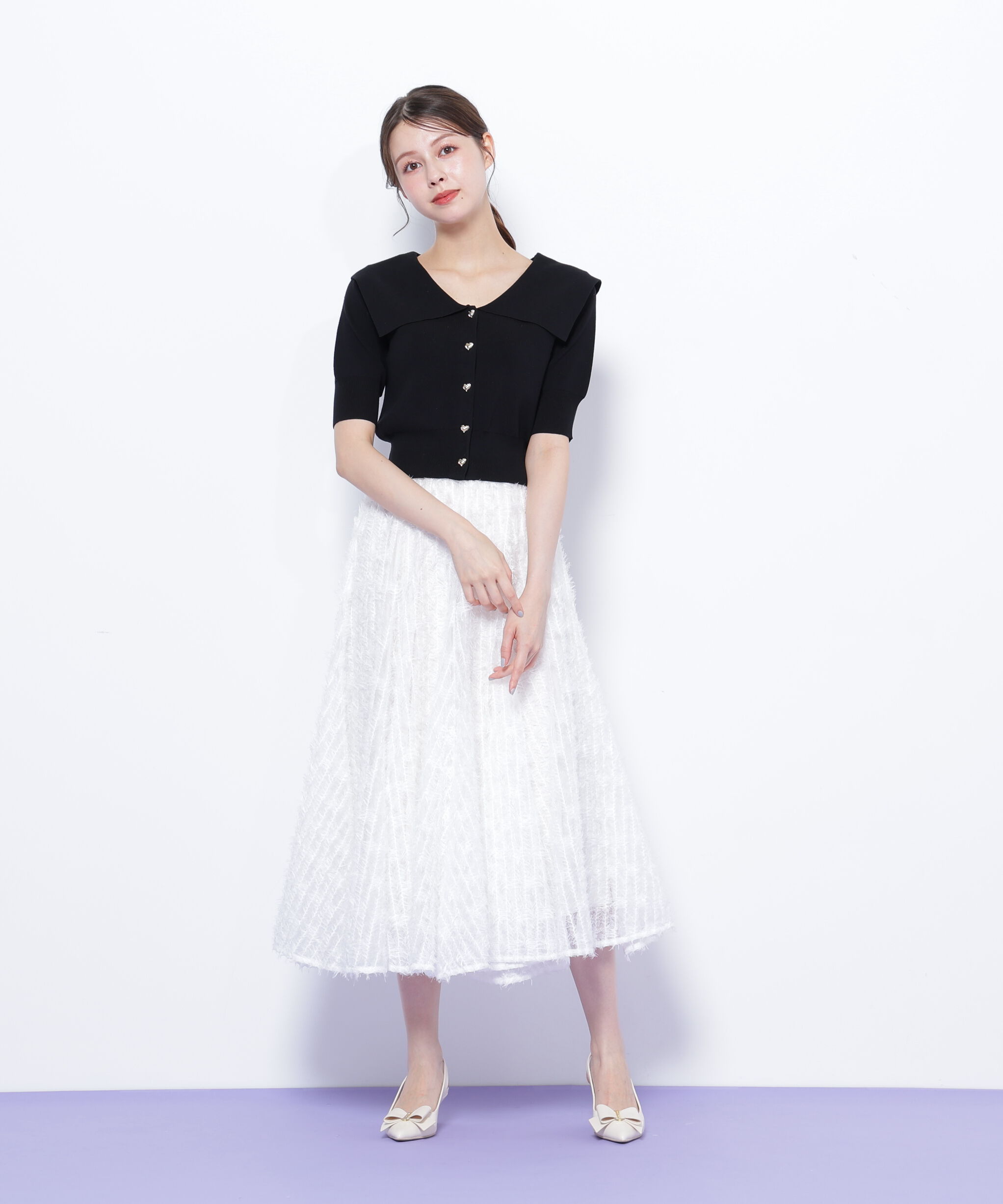  「半袖ビッグカラーデザイン釦ニット」|ニット・セーター|