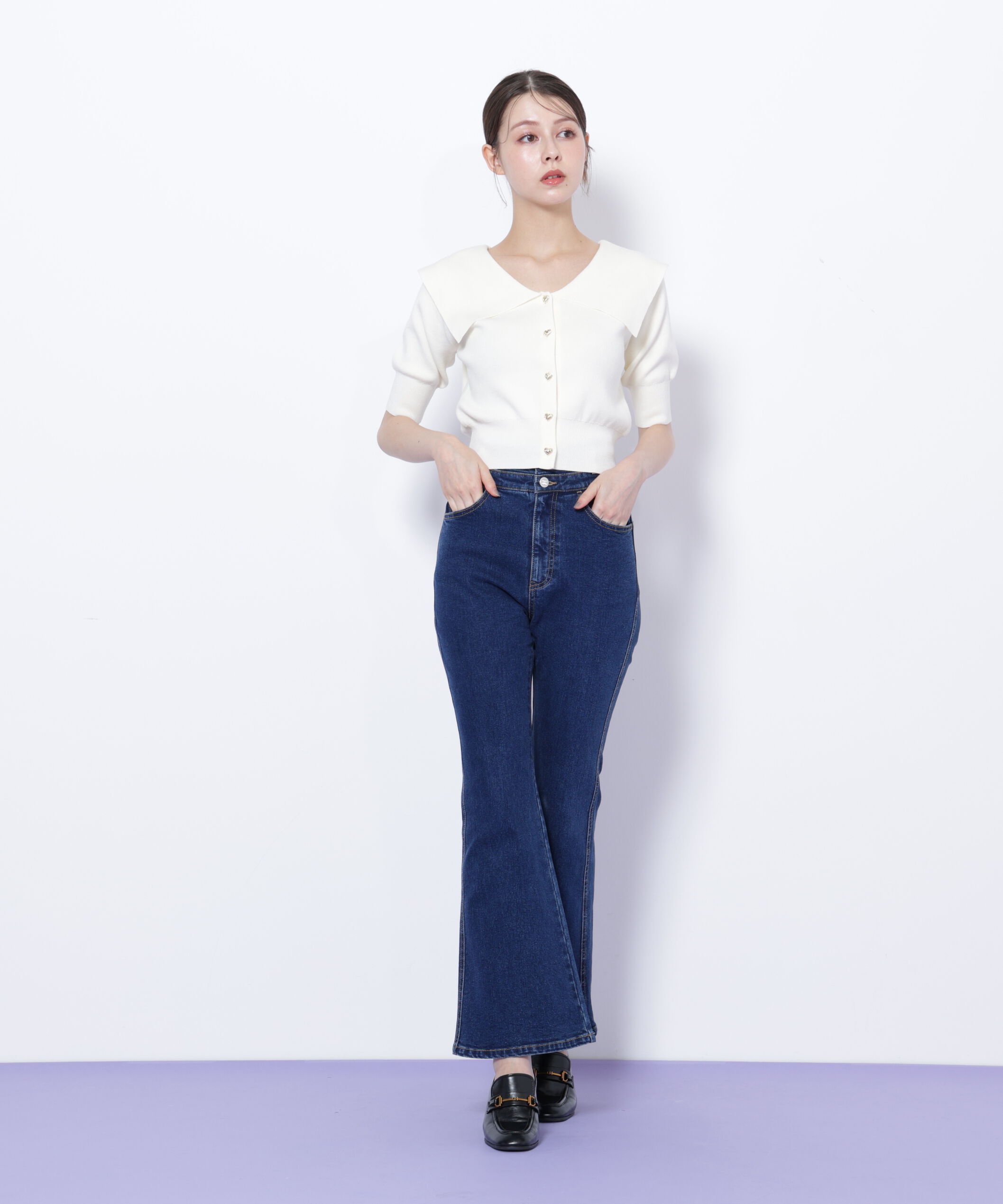  「半袖ビッグカラーデザイン釦ニット」|ニット・セーター|