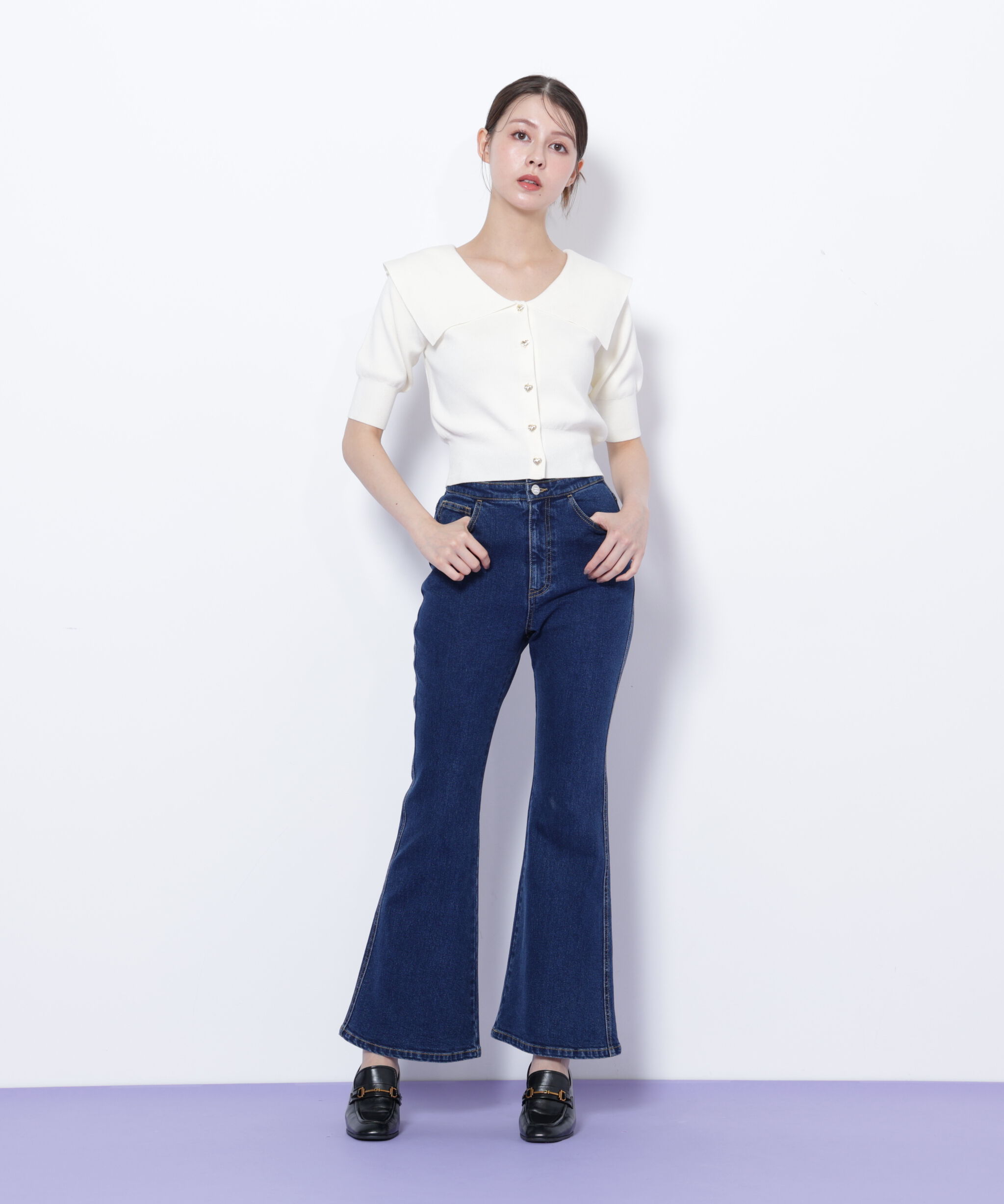  「半袖ビッグカラーデザイン釦ニット」|ニット・セーター|