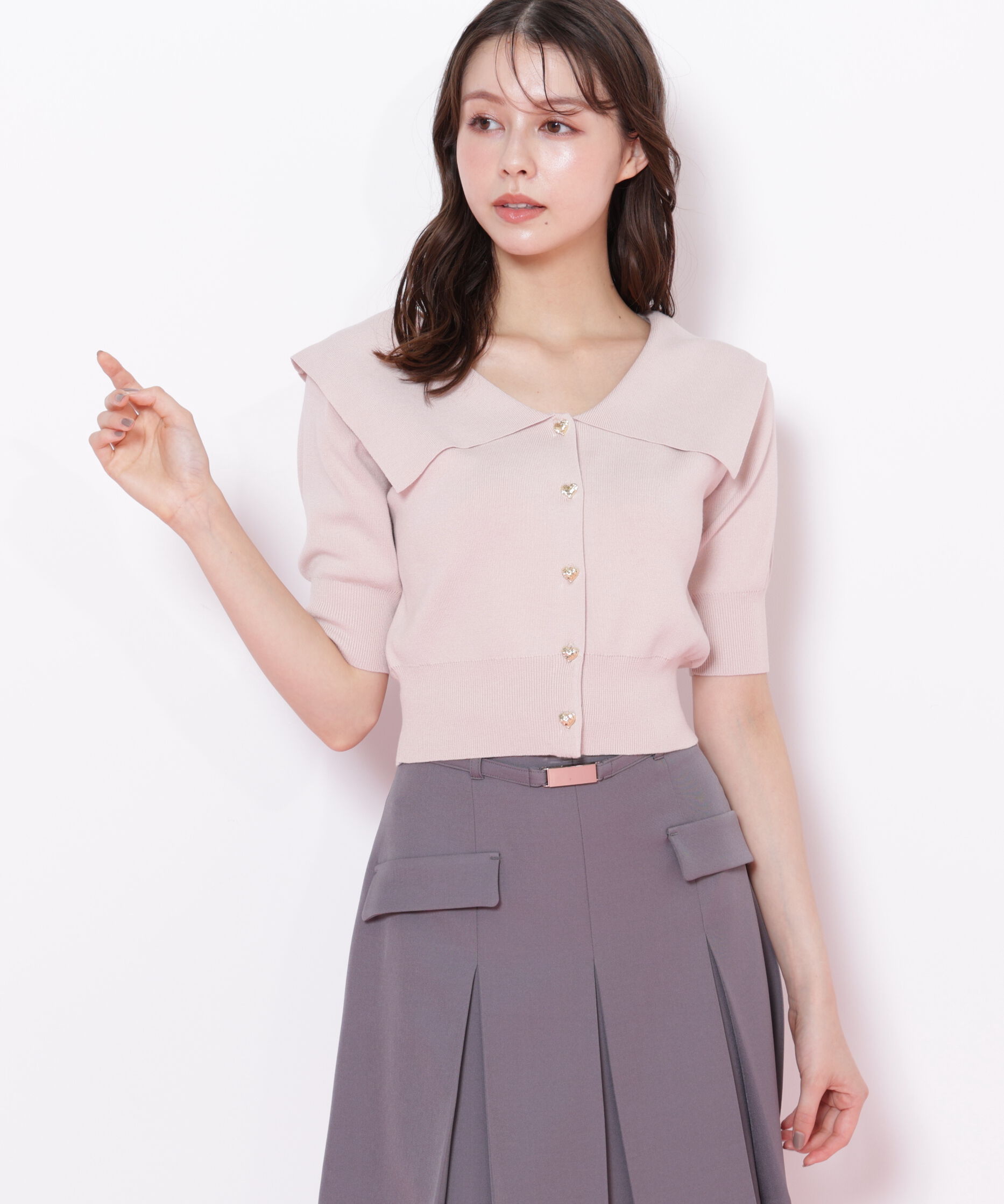  「半袖ビッグカラーデザイン釦ニット」|ニット・セーター|