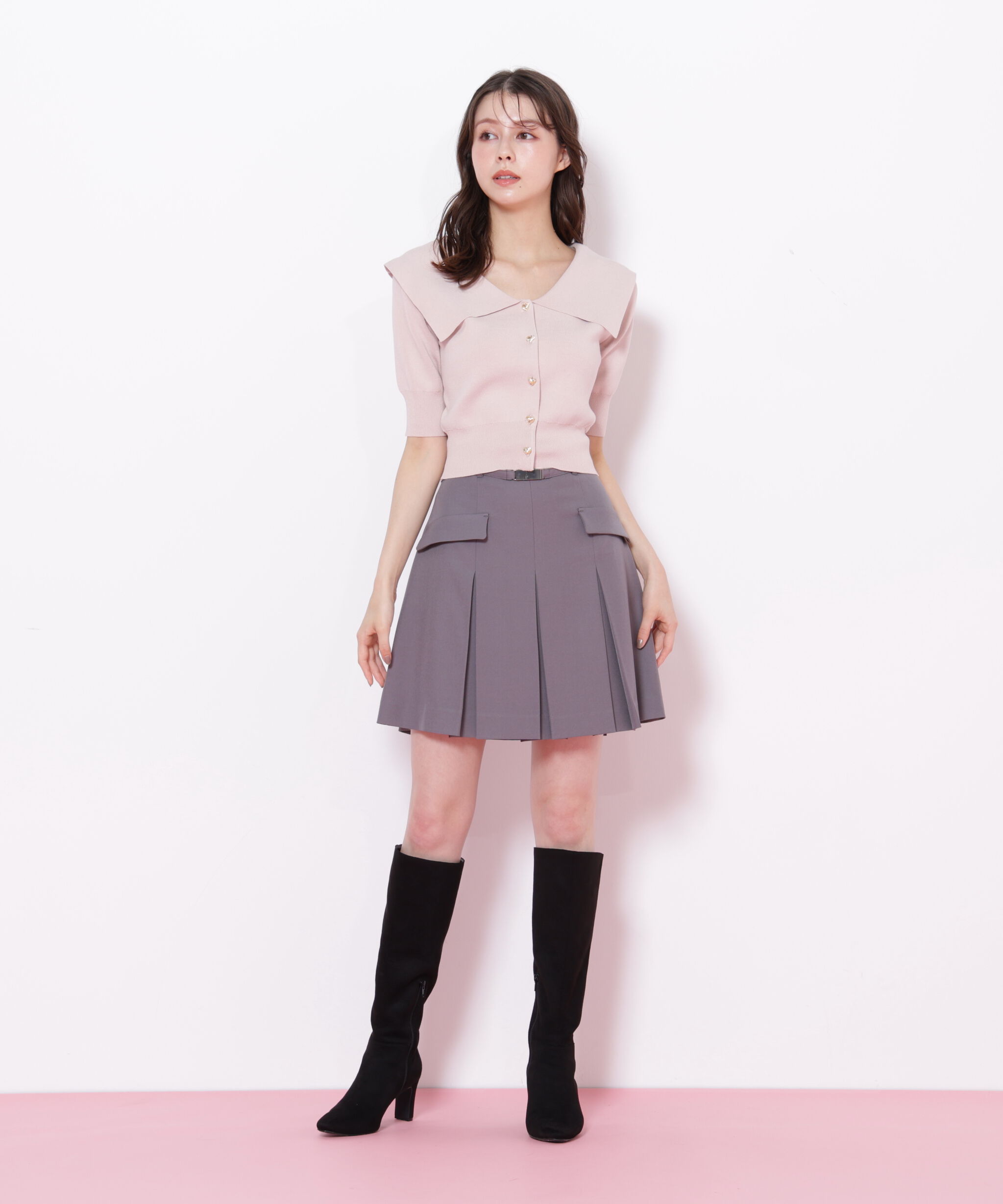  「半袖ビッグカラーデザイン釦ニット」|ニット・セーター|