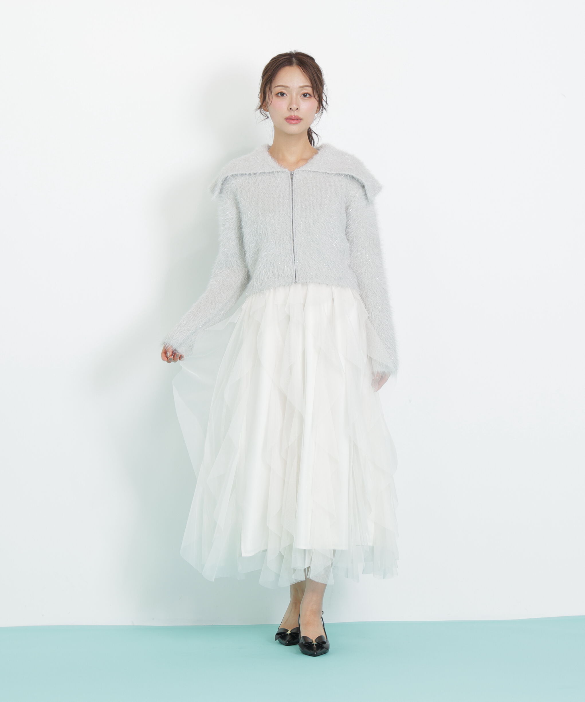  「ラメフェザービッグカラーニットブルゾン」|ニット・セーター|