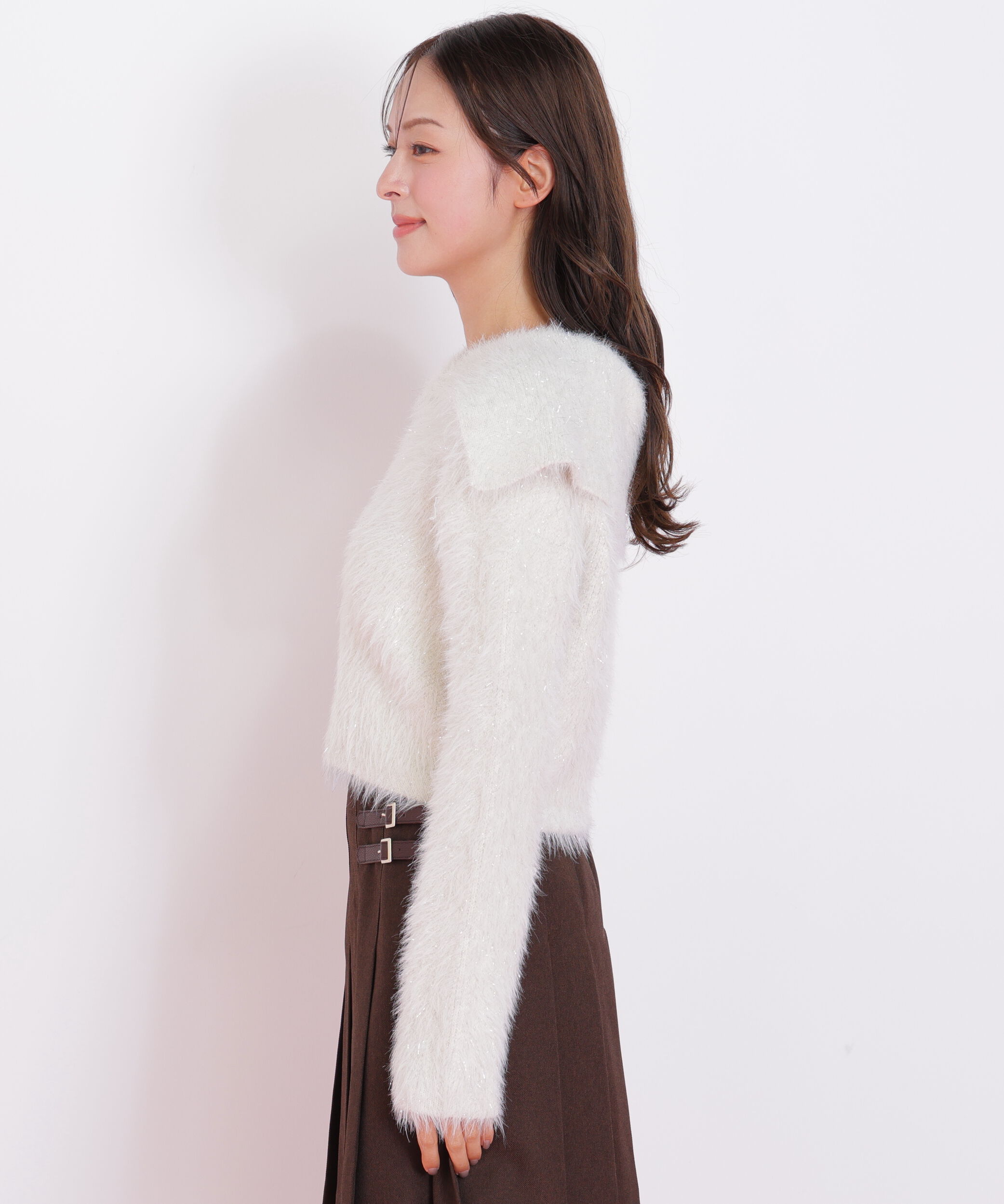  「ラメフェザービッグカラーニットブルゾン」|ニット・セーター|