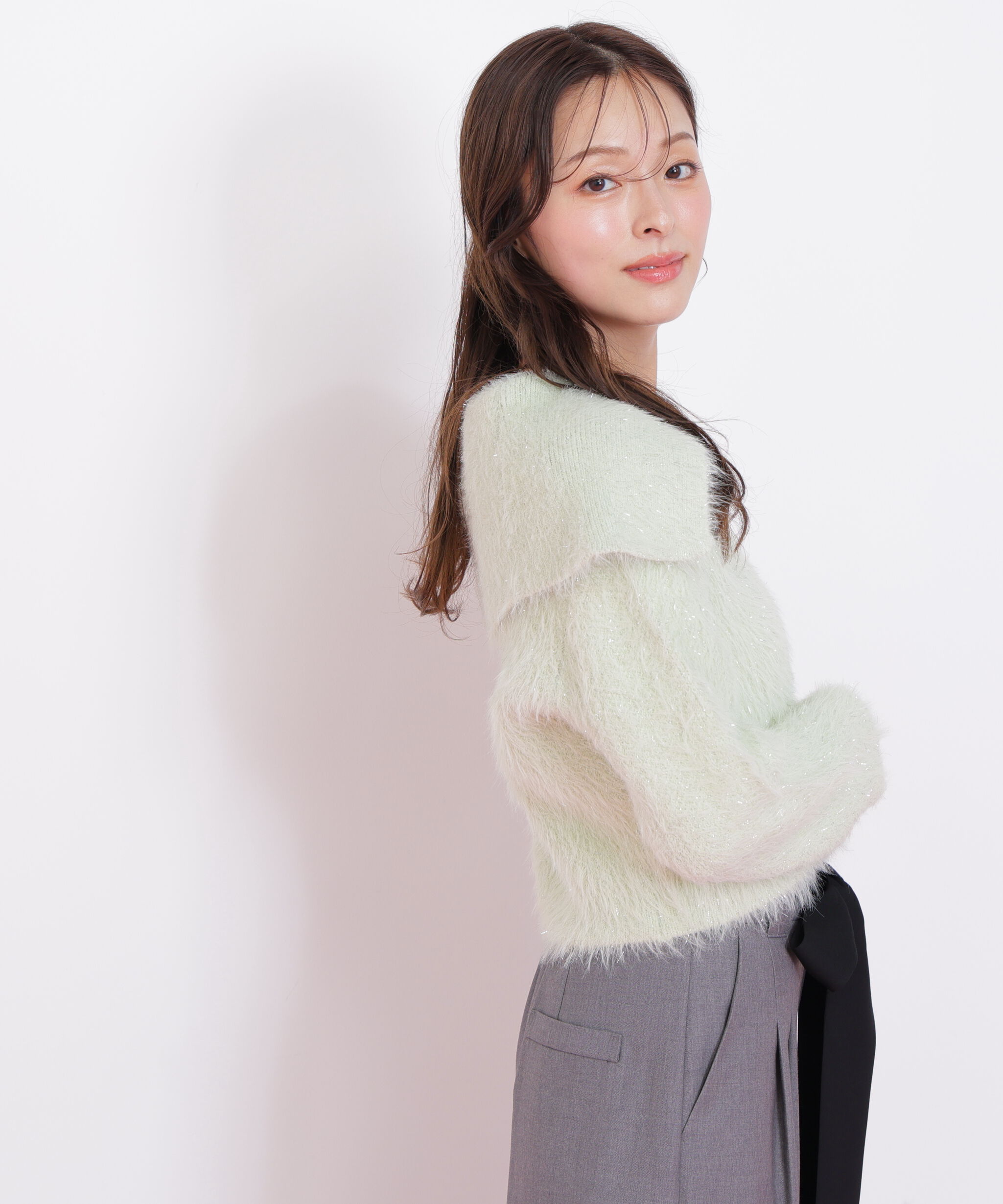  「ラメフェザービッグカラーニットブルゾン」|ニット・セーター|