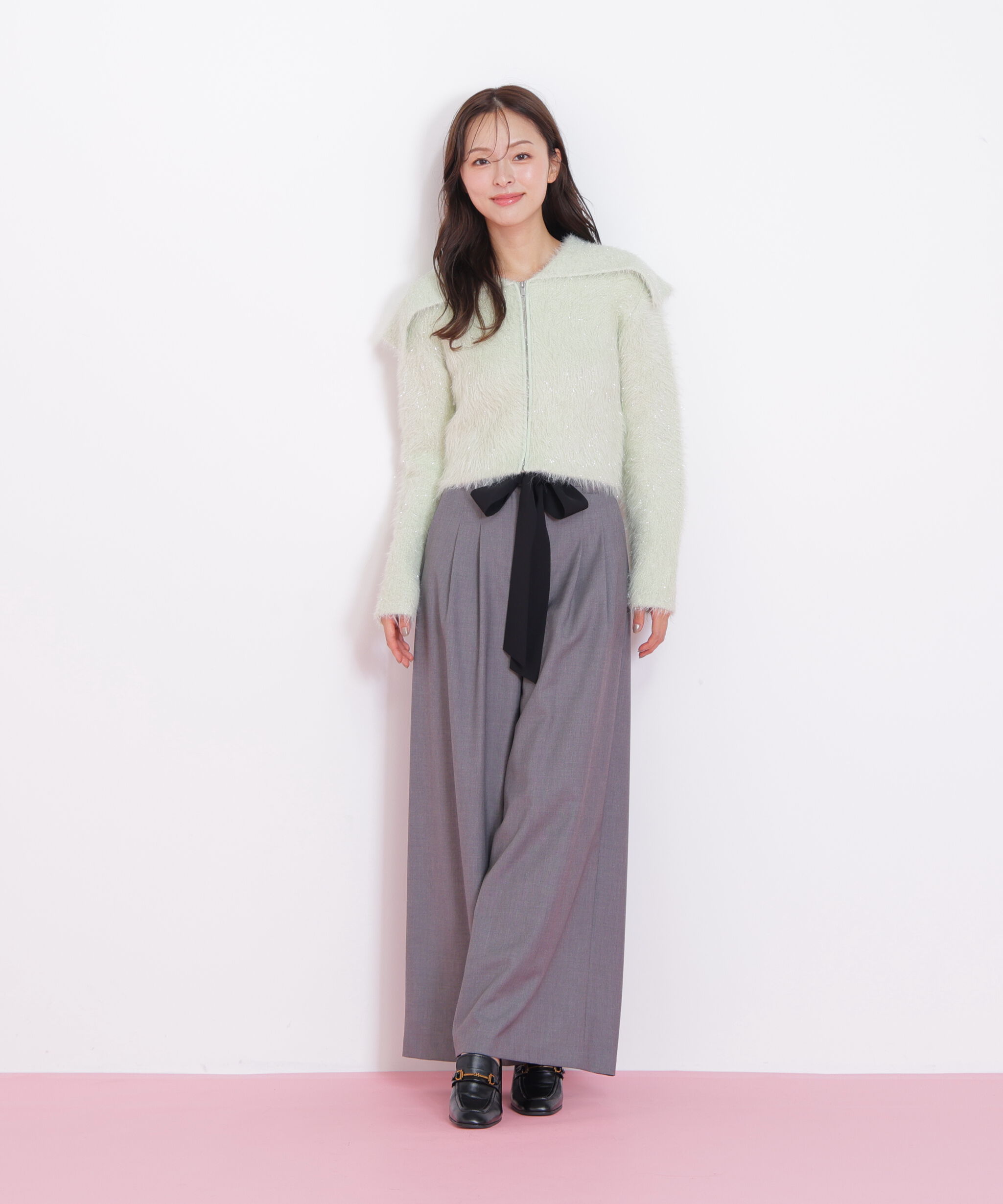  「ラメフェザービッグカラーニットブルゾン」|ニット・セーター|