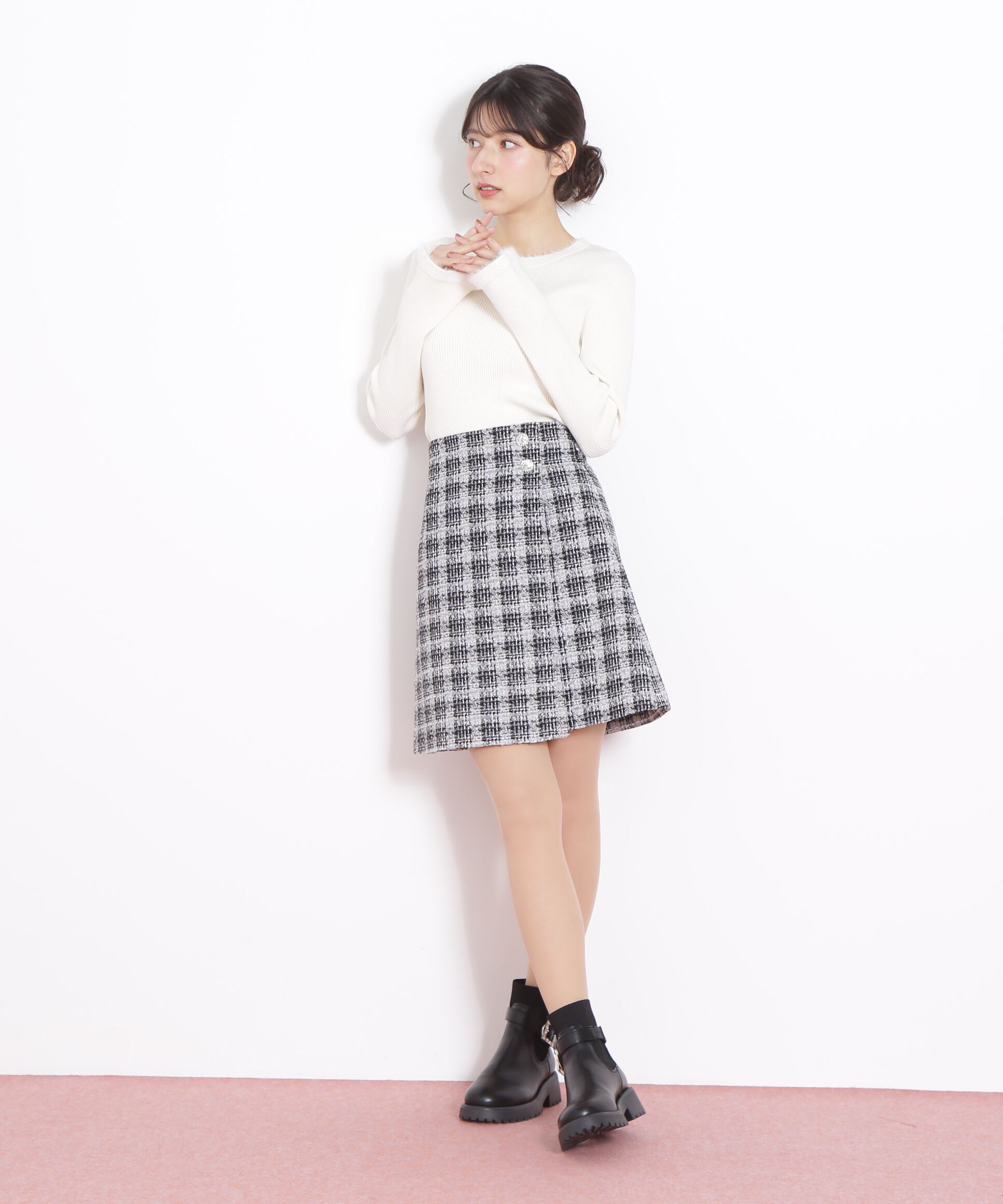  「ツィードチェックビジュー釦ミニスカート」|スカート|