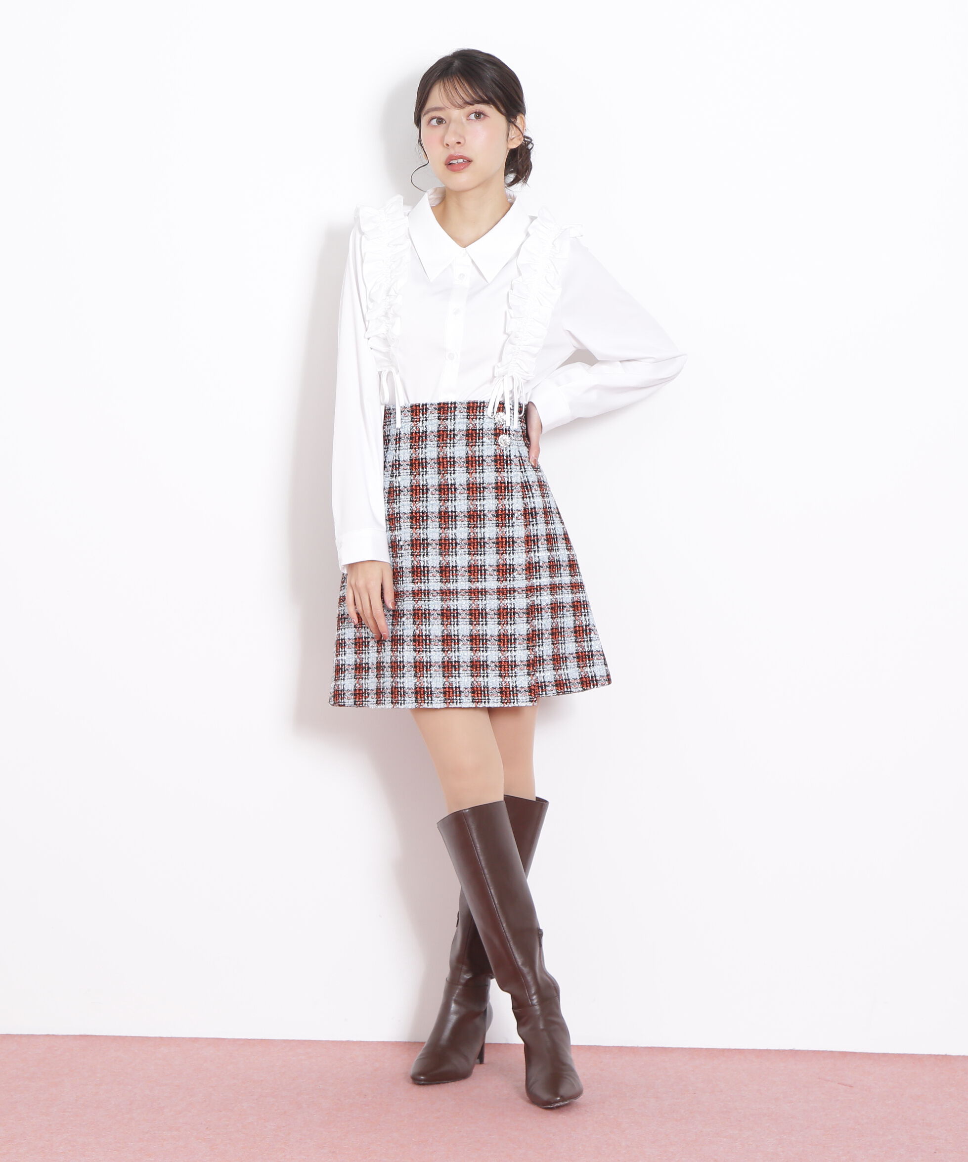  「ツィードチェックビジュー釦ミニスカート」|スカート|