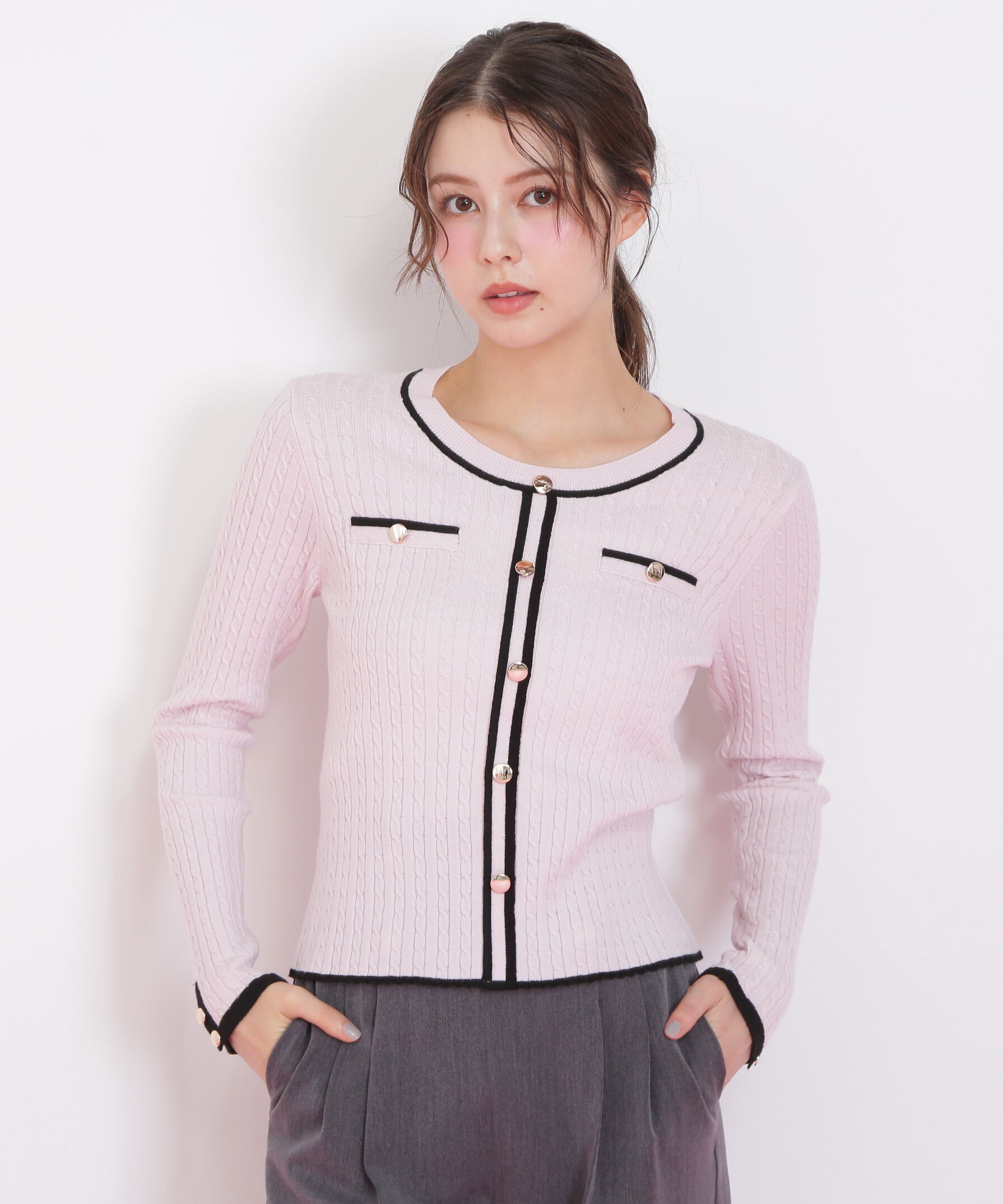  「バイカラーケーブルニット」|ニット・セーター|ピンク