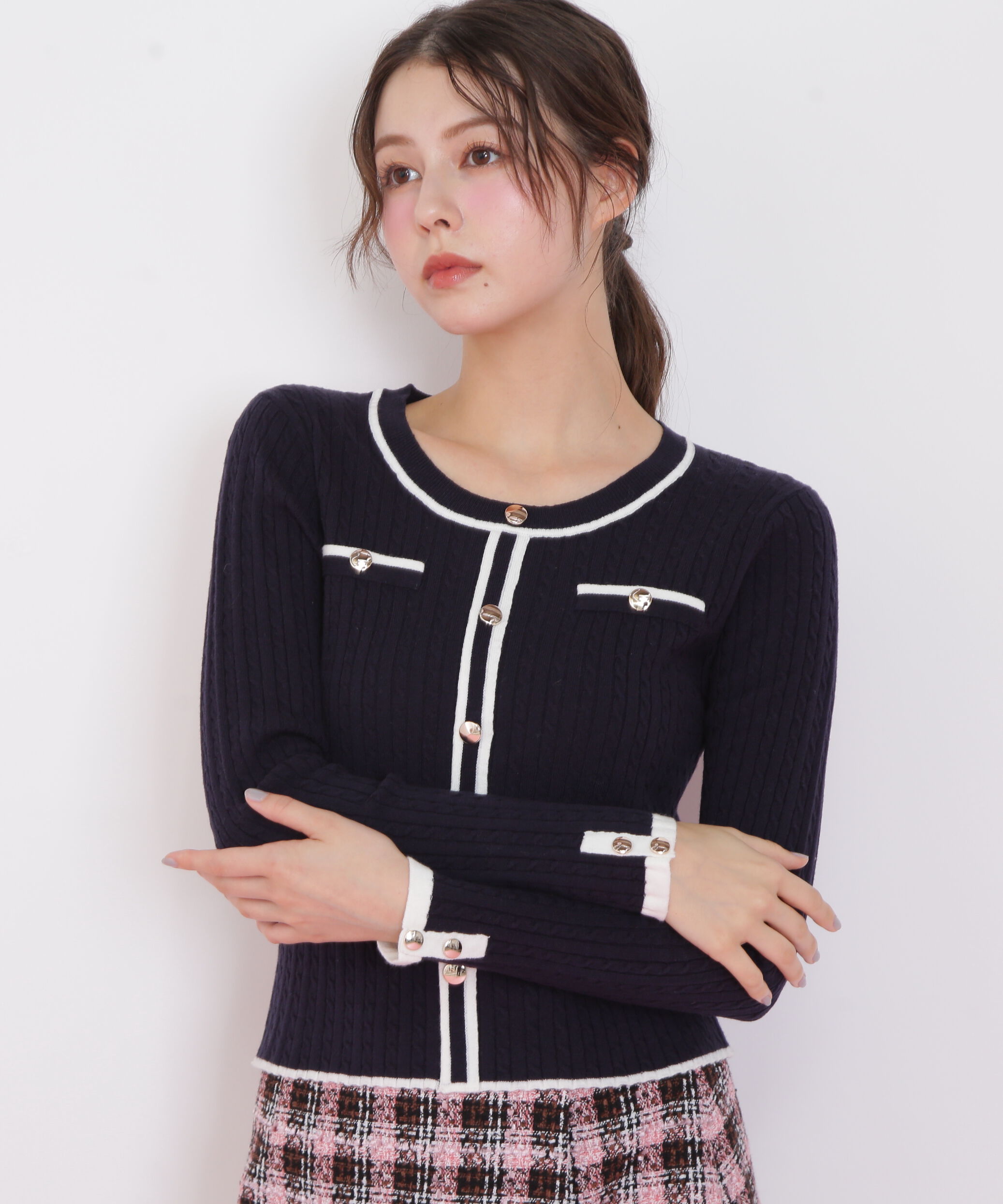  「バイカラーケーブルニット」|ニット・セーター|ネイビー