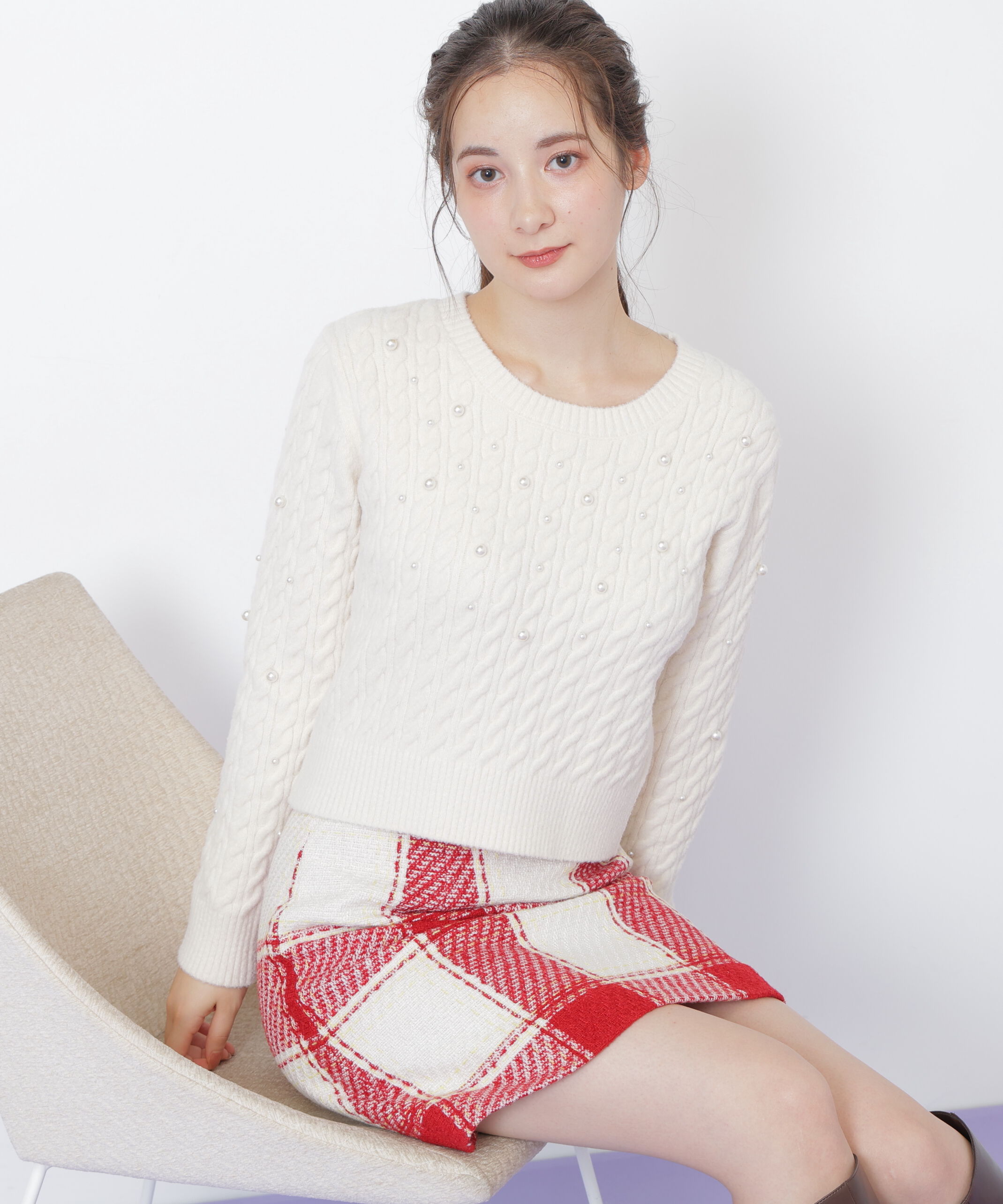  「ランダムパールミニケーブルニット」|ニット・セーター|エクリュ