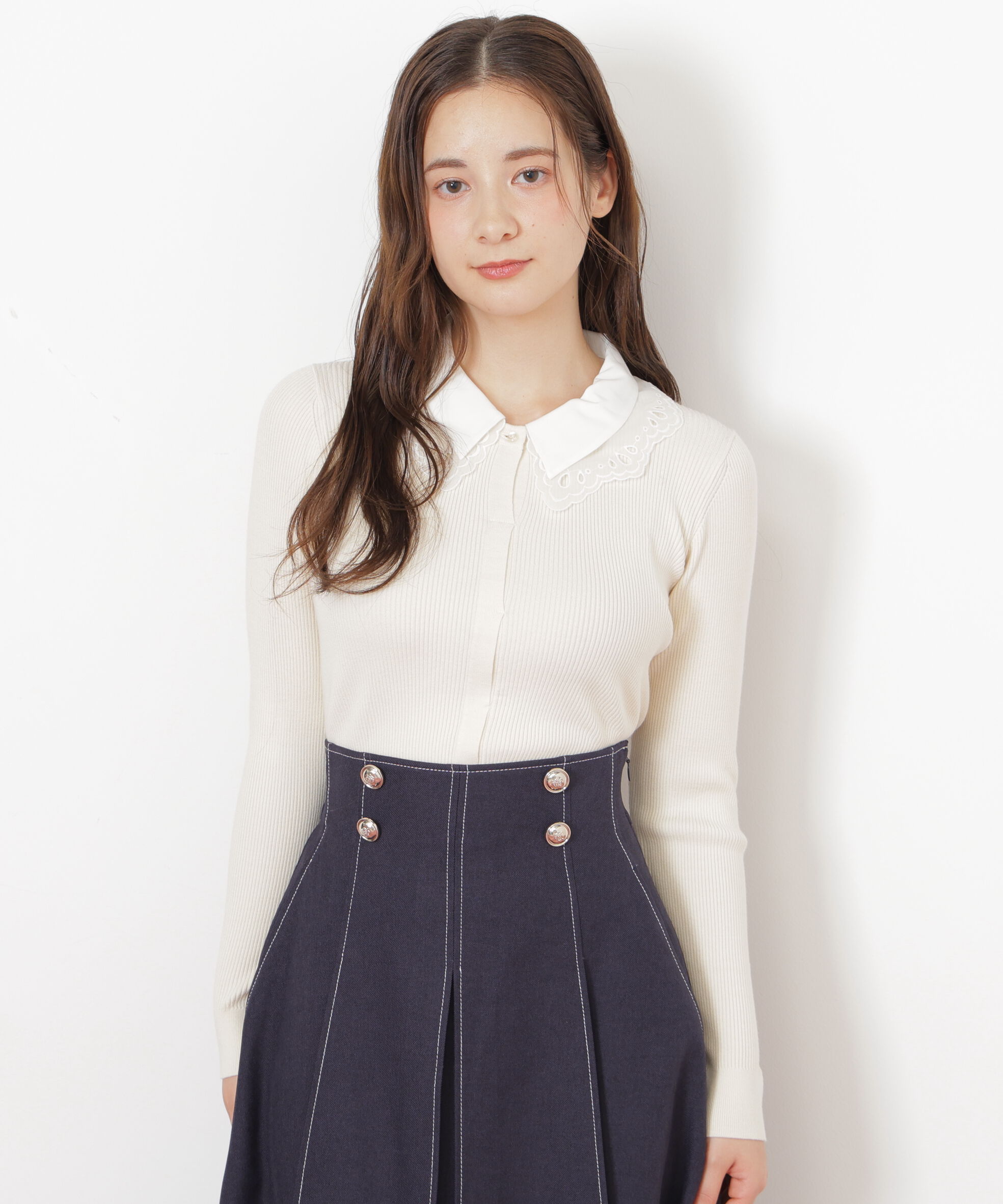  「レース衿レイヤードニット」|ニット・セーター|ホワイト