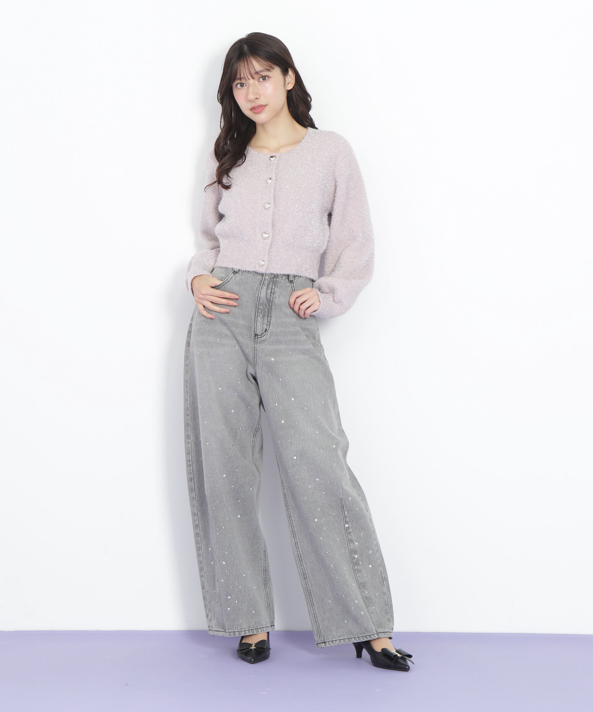  「ハートボタンラメフェザーカーディガン」|ニット・セーター|