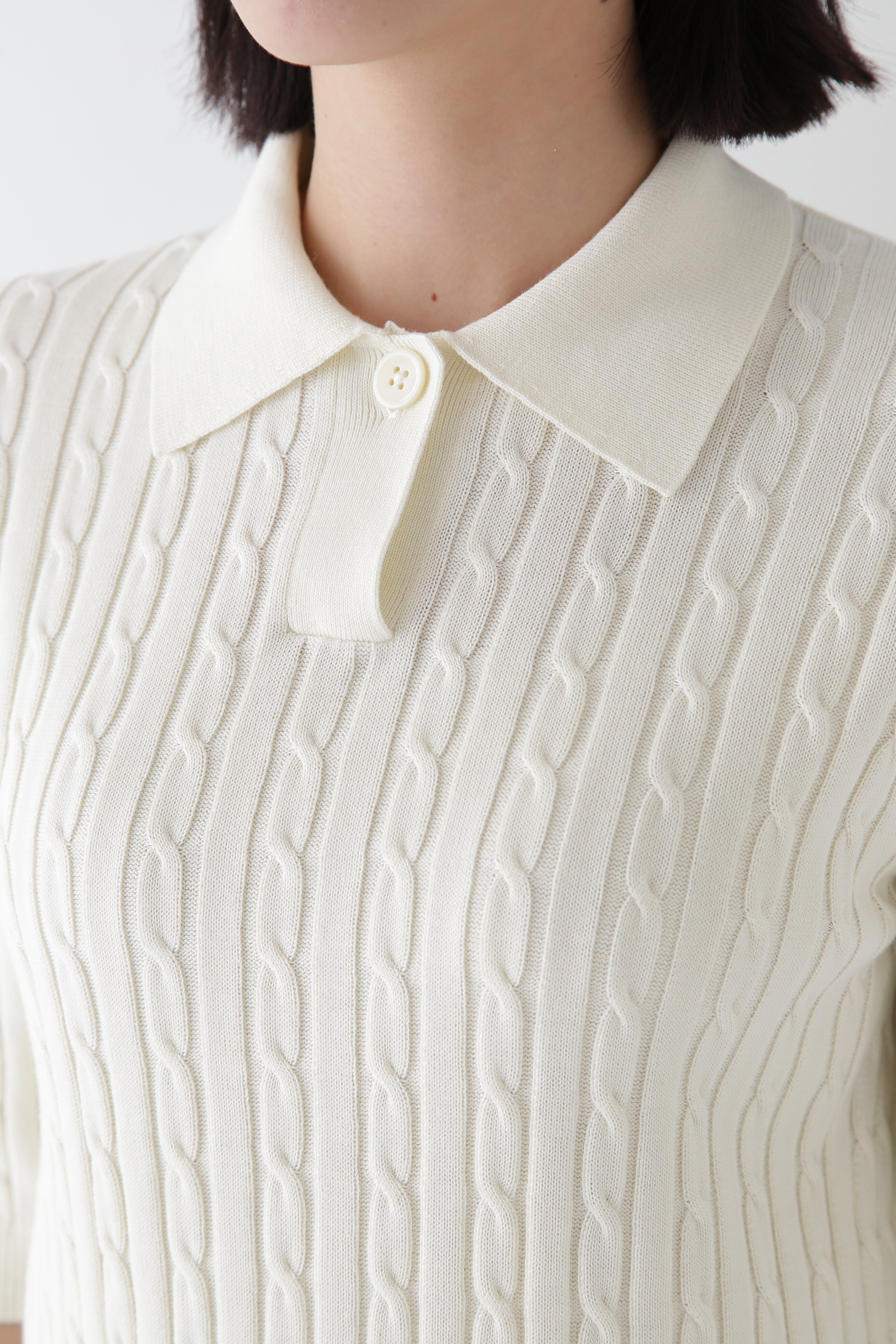  「◆【ウォッシャブル】コットンケーブル柄ポロニットプルオーバー」|ニット・セーター|