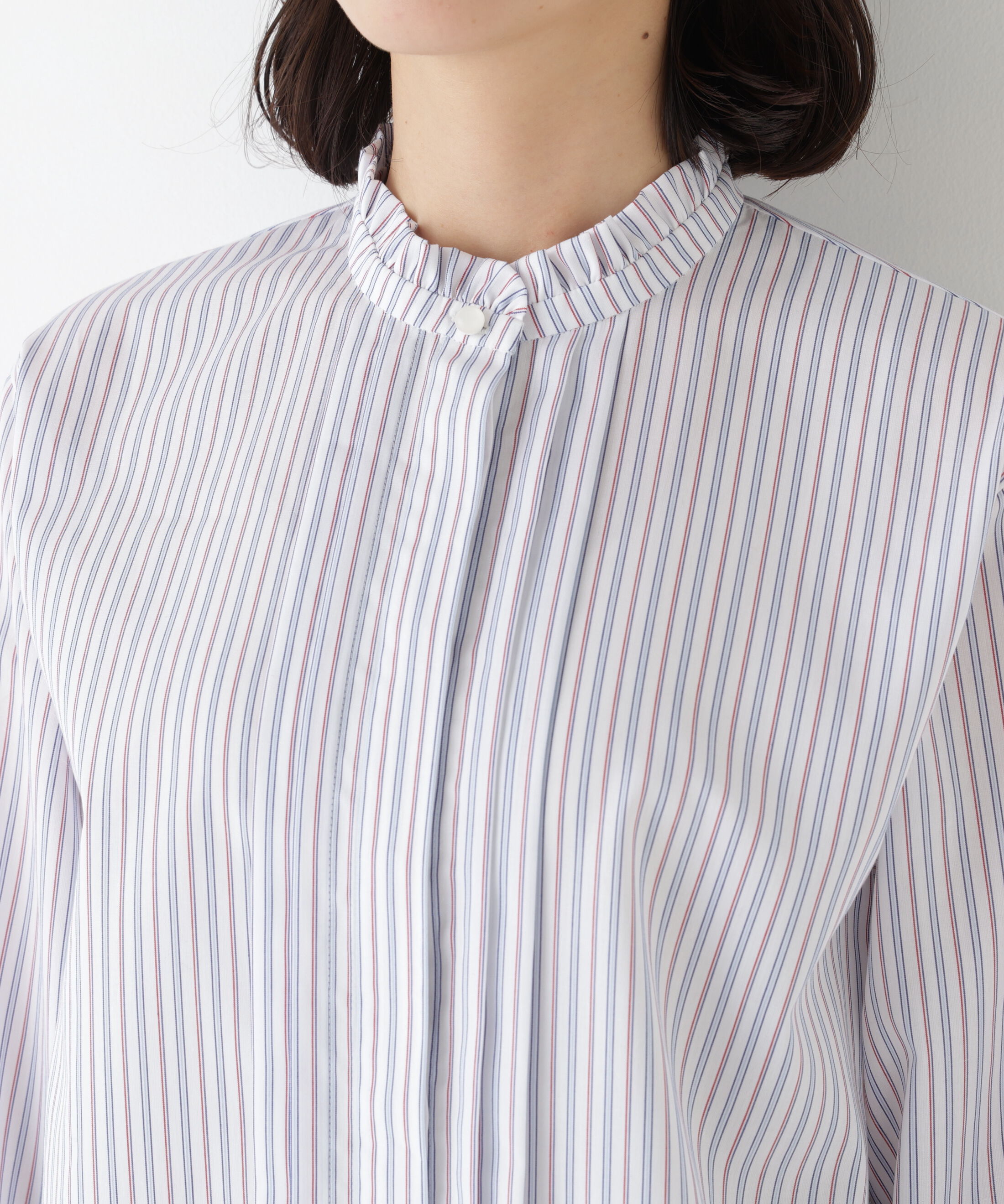  「◆先染めストライプスタンドフリルブラウス」|シャツ・ブラウス|