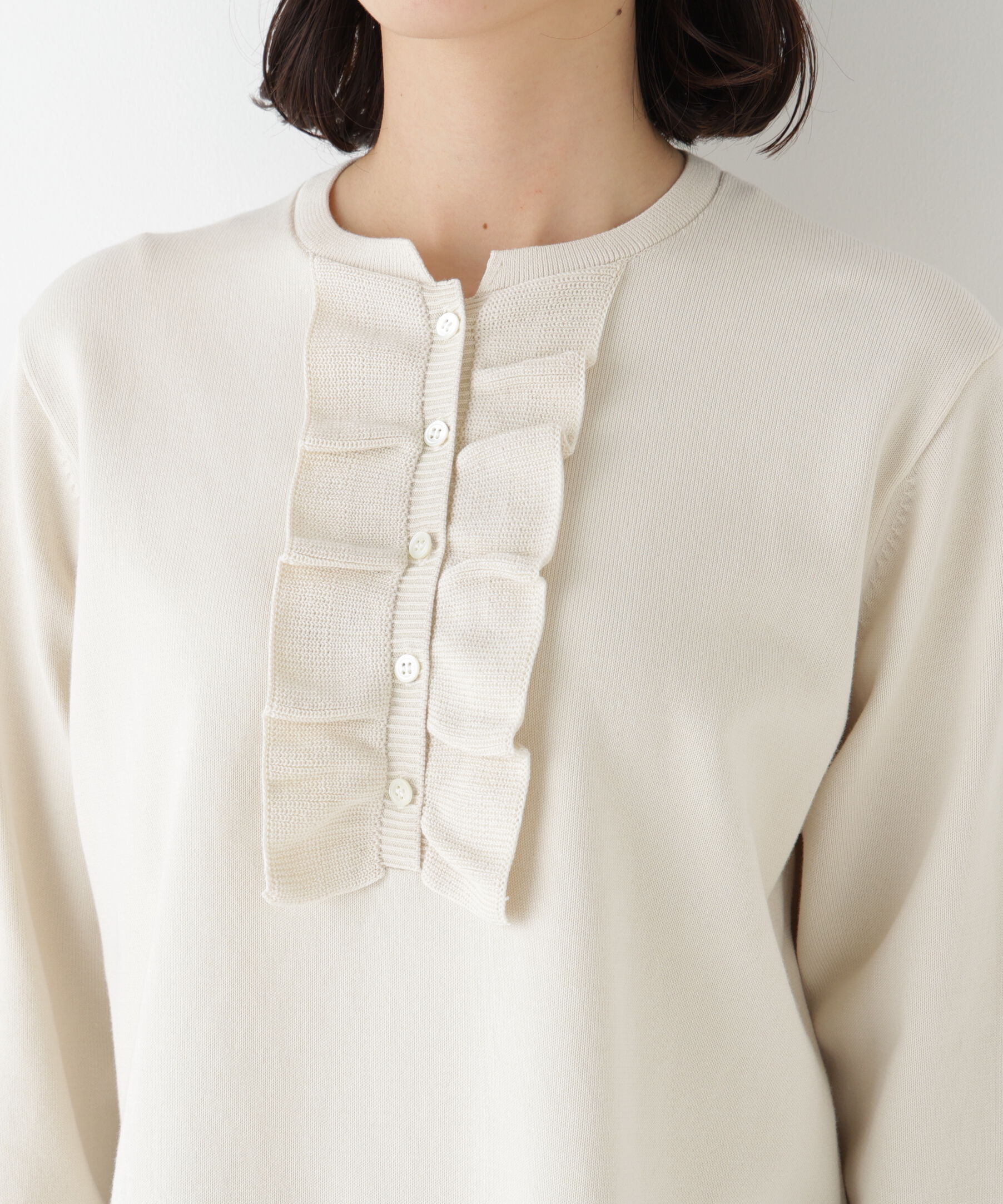  「◆オーガニックコットン混プレーティング前立フリルプルオーバー」|ニット・セーター|