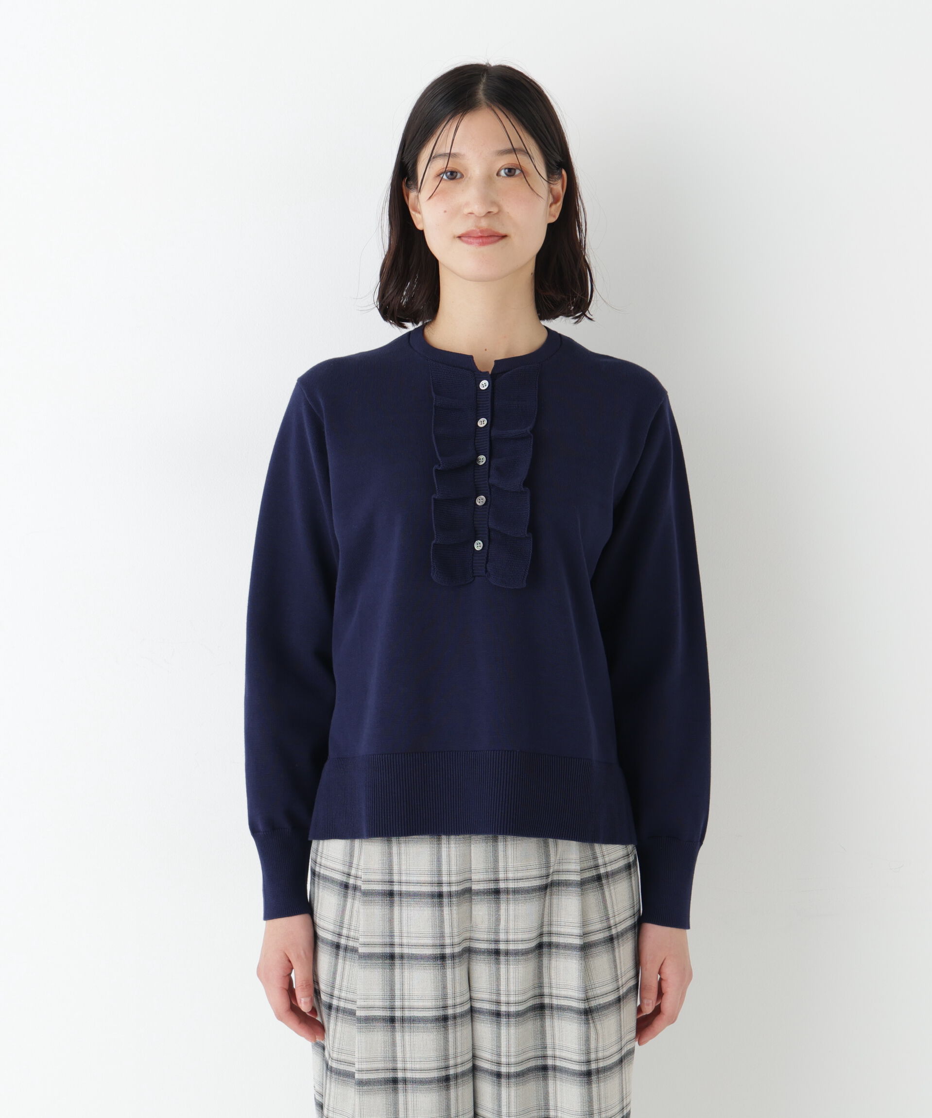  「◆オーガニックコットン混プレーティング前立フリルプルオーバー」|ニット・セーター|