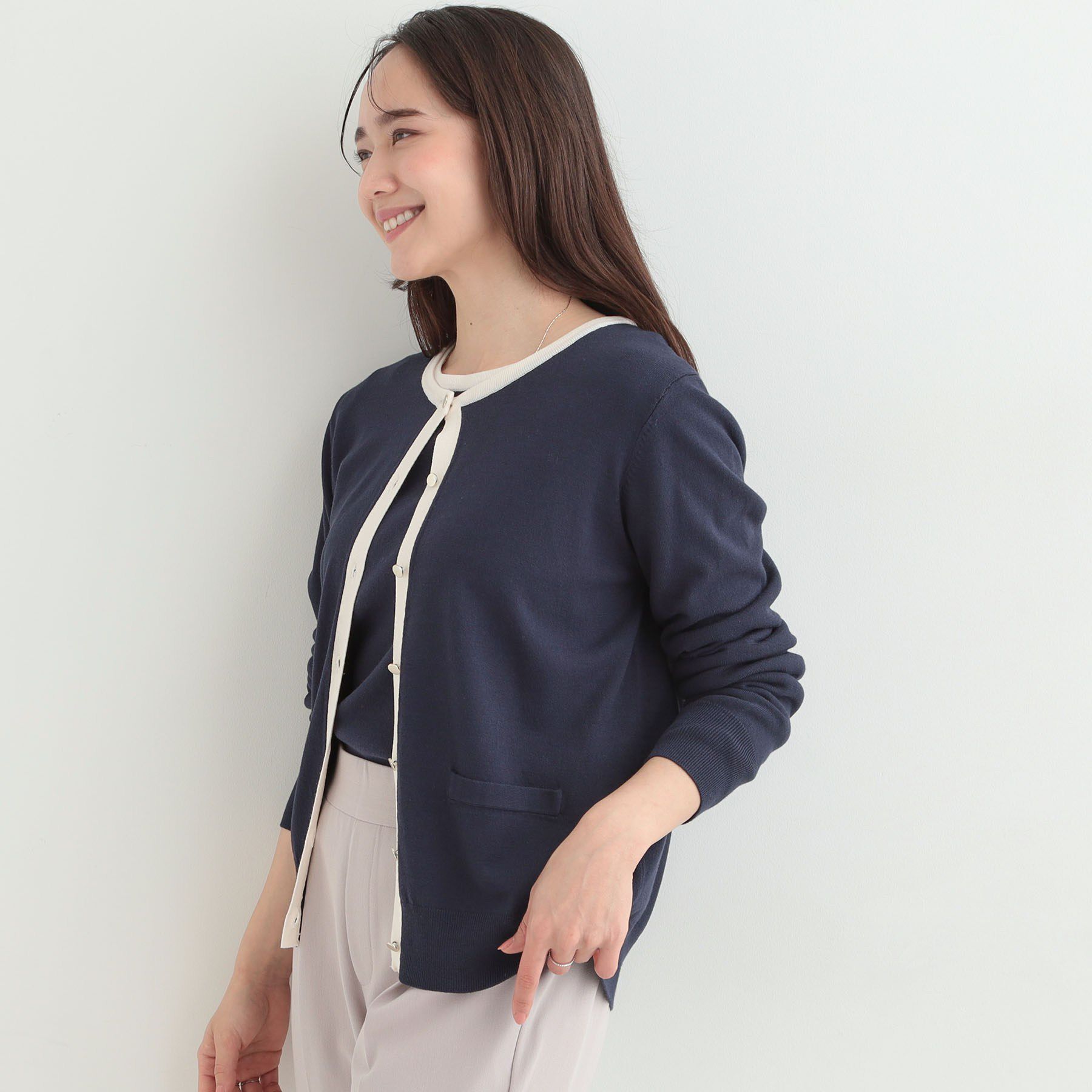 SHOO･LA･RUE「【洗濯機可/S-LL/アンサンブル可】配色クルーニットカーディガン」|カーディガン|