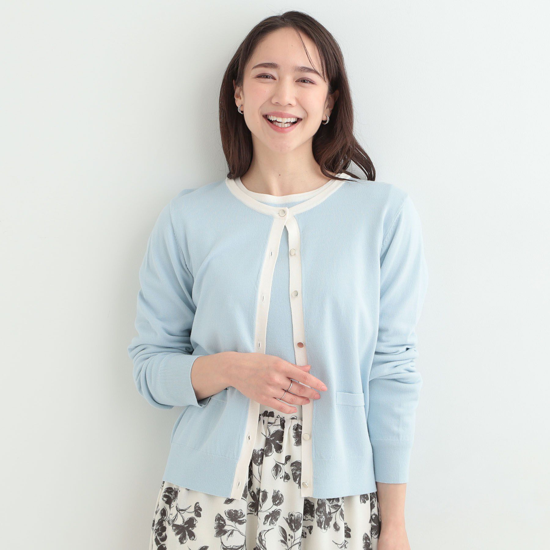 SHOO･LA･RUE「【洗濯機可/S-LL/アンサンブル可】配色クルーニットカーディガン」|カーディガン|