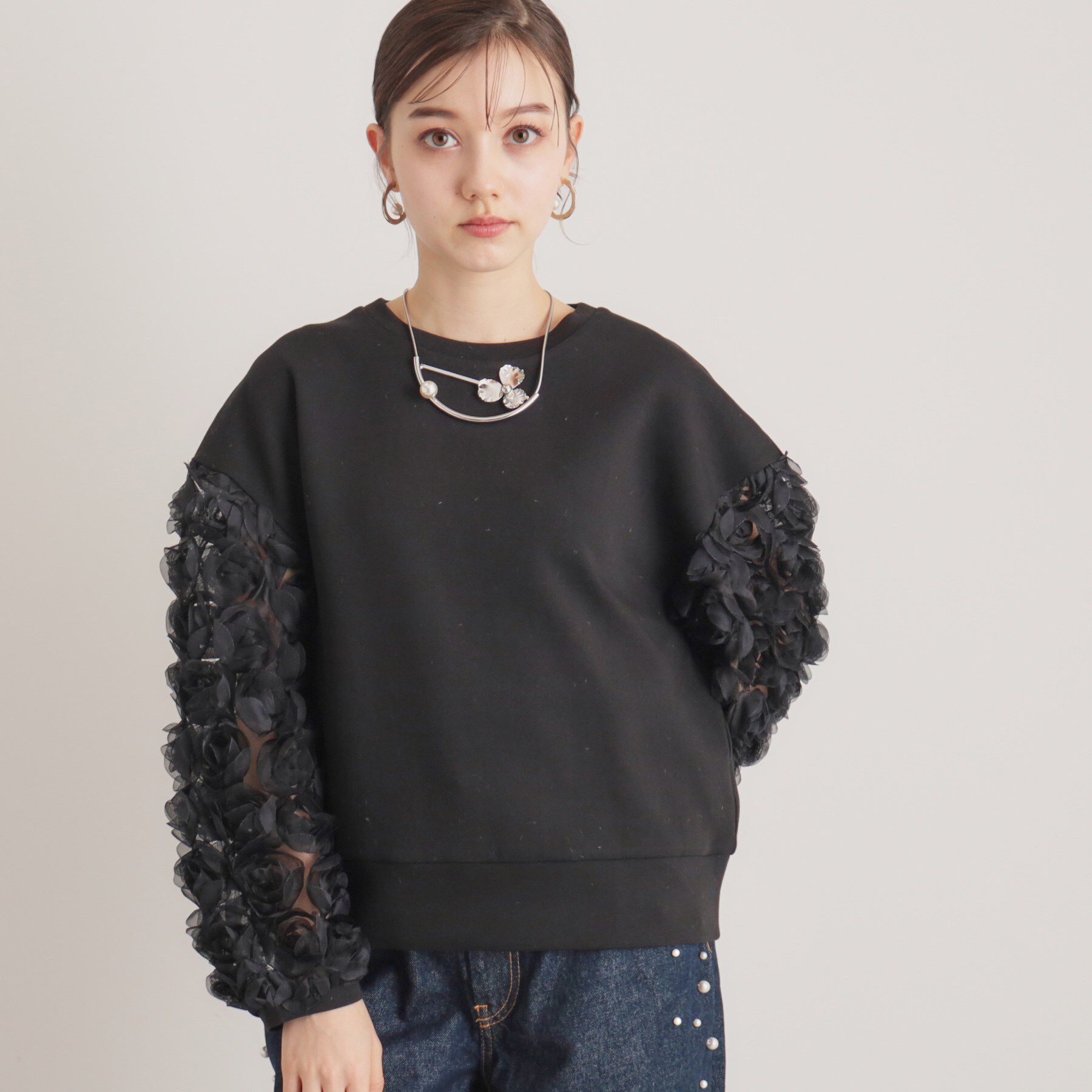 SunaUna「【一足お先に春気分／袖チュールフラワー】ダンボールプルオーバー」|Tシャツ・カットソー|