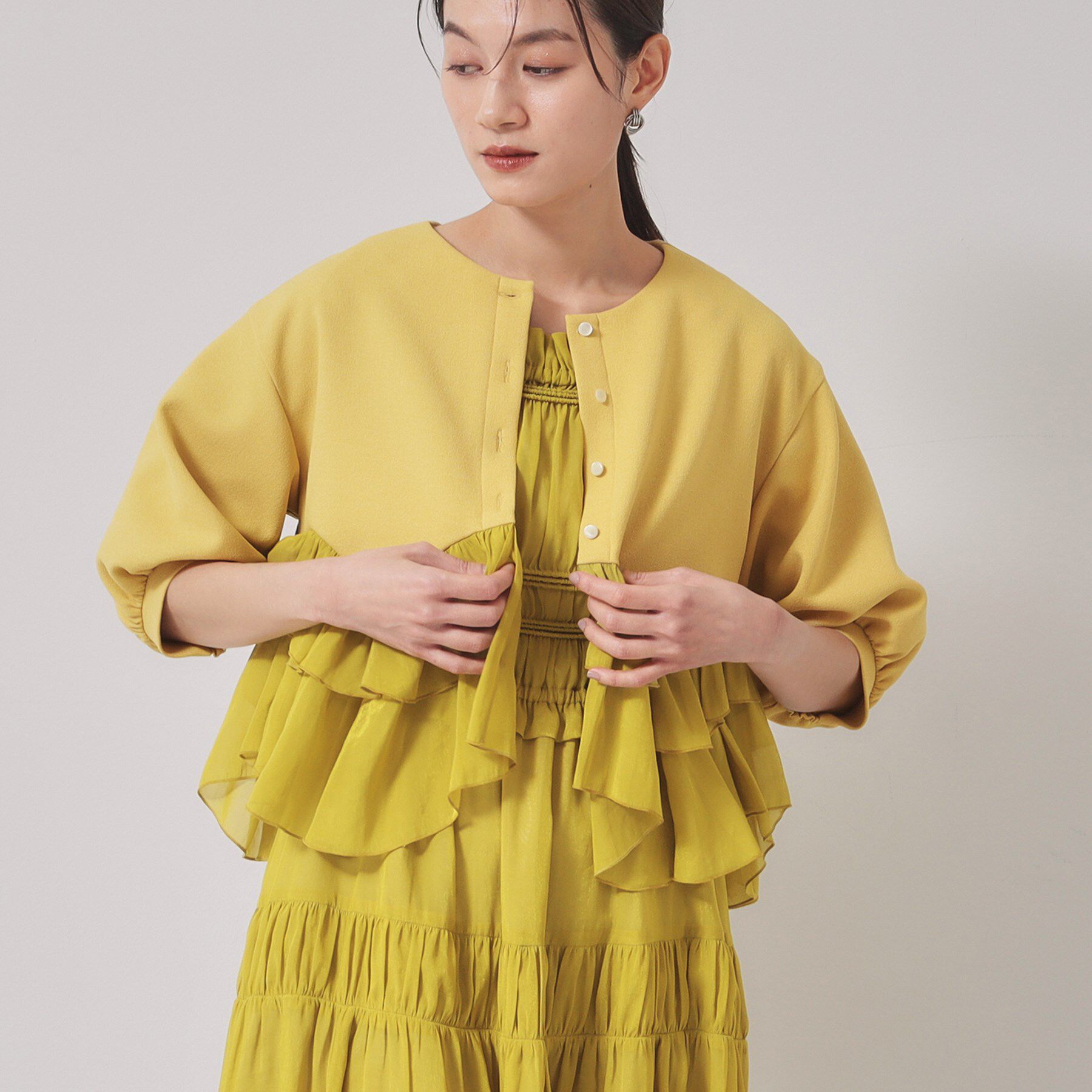 SunaUna「【裾シフォン／パフスリーブ】ペプラムブルゾン」|カーディガン|