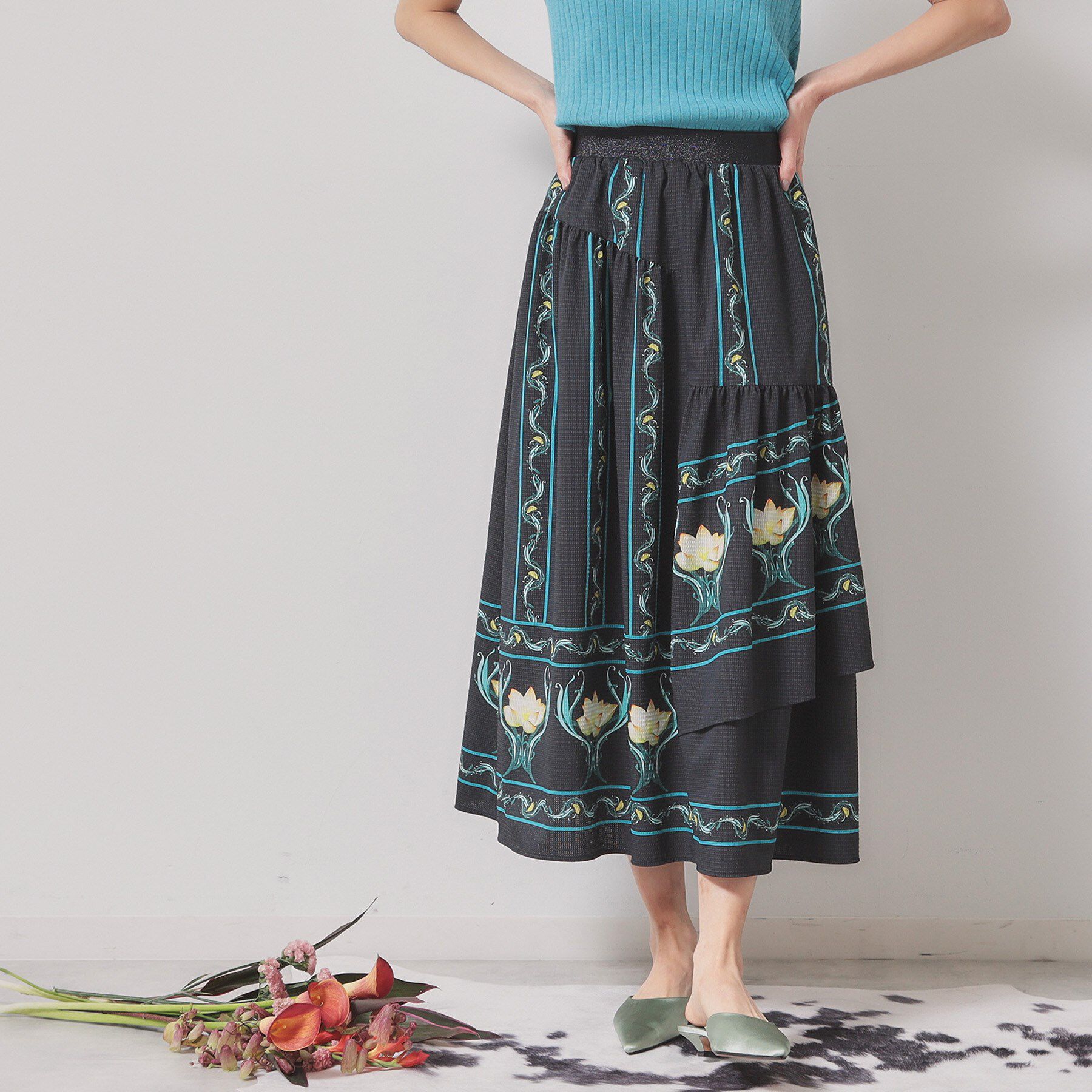 SunaUna「【ティアード／ウエストゴム】オリエンタルパネルスカート」|スカート|ブラック(119)