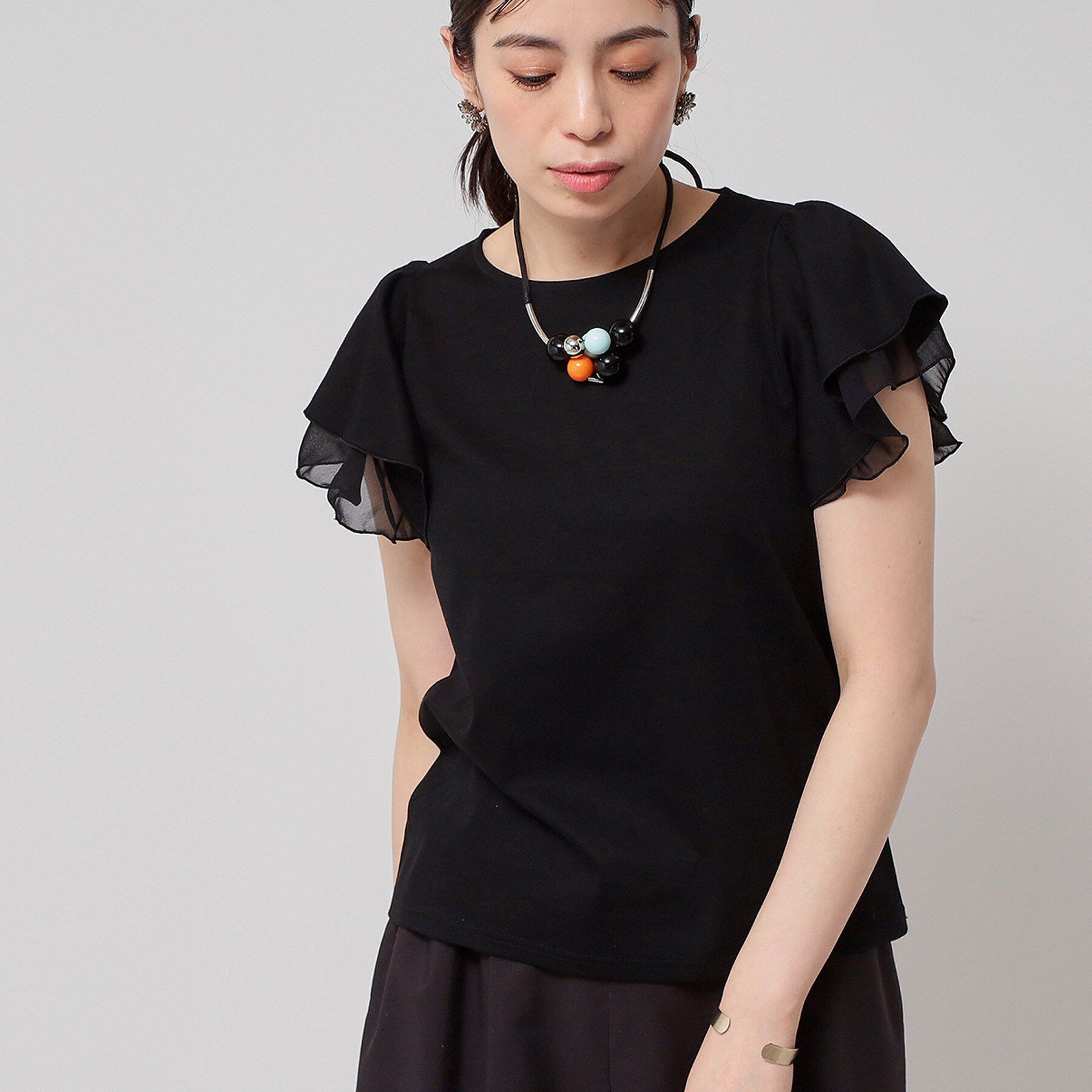 SunaUna「【接触冷感／S～Lサイズ展開】シフォン使いフレアスリーブカットソー」|Tシャツ・カットソー|