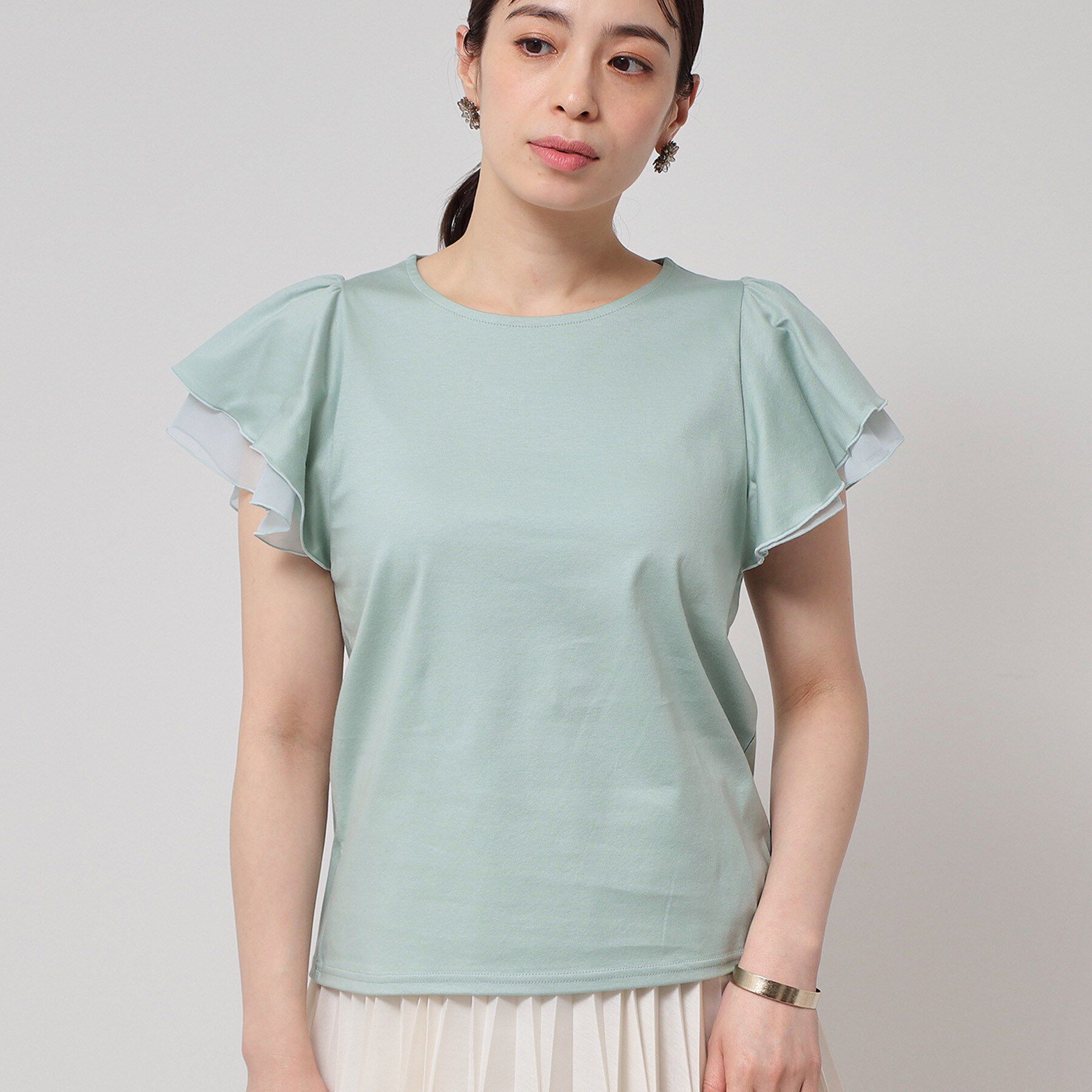 SunaUna「【接触冷感／S～Lサイズ展開】シフォン使いフレアスリーブカットソー」|Tシャツ・カットソー|