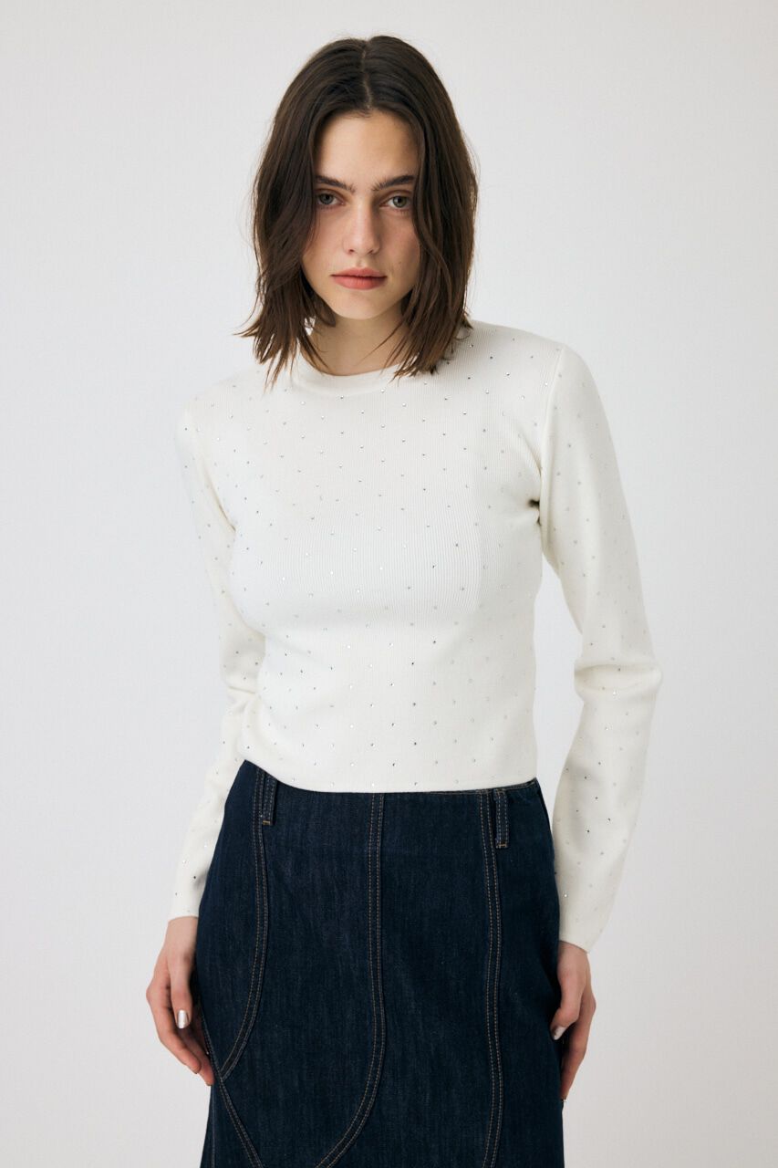MOUSSY「RHINESTONE ニットトップス」|ニット・セーター|O/WHT1