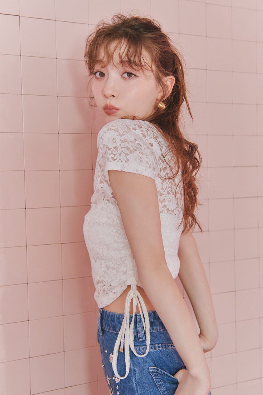 rienda「バストギャザーデザインレースカットトップス」|Tシャツ・カットソー|WHT