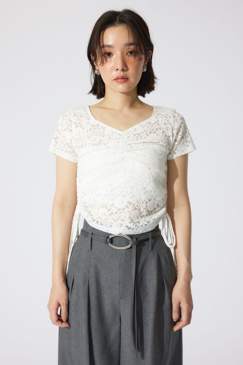 rienda「バストギャザーデザインレースカットトップス」|Tシャツ・カットソー|
