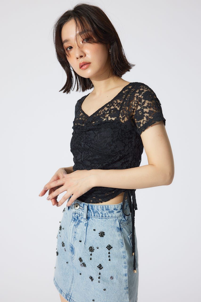 rienda「バストギャザーデザインレースカットトップス」|Tシャツ・カットソー|
