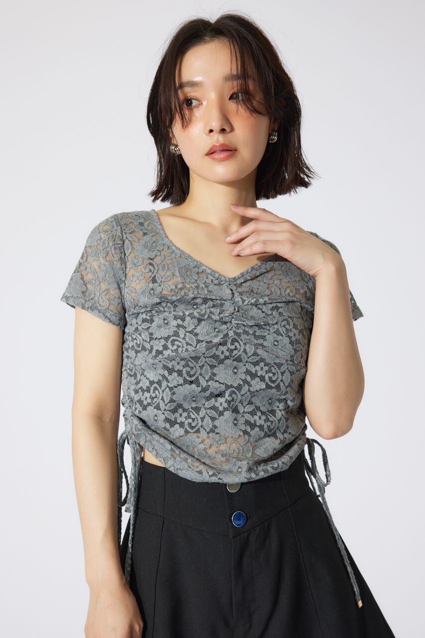 rienda「バストギャザーデザインレースカットトップス」|Tシャツ・カットソー|GRY