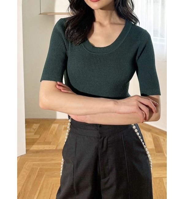 RESEXXY「ラウンドネックリブニットトップス」|ニット・セーター|グリーン