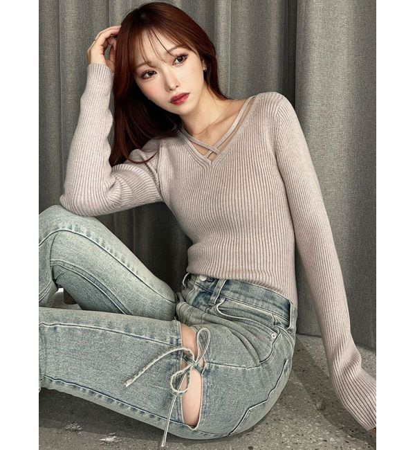 RESEXXY「デコルテクロスニットトップス」|ニット・セーター|